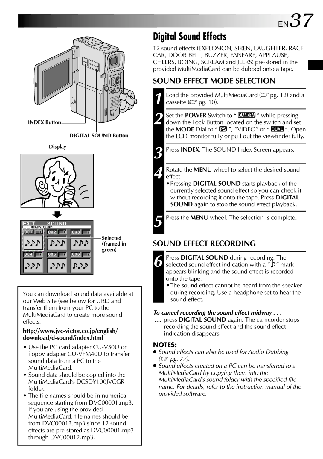 JVC GR-DVX90 specifications Digital Sound Effects, EN37, Sound Effect Mode Selection, Sound Effect Recording 