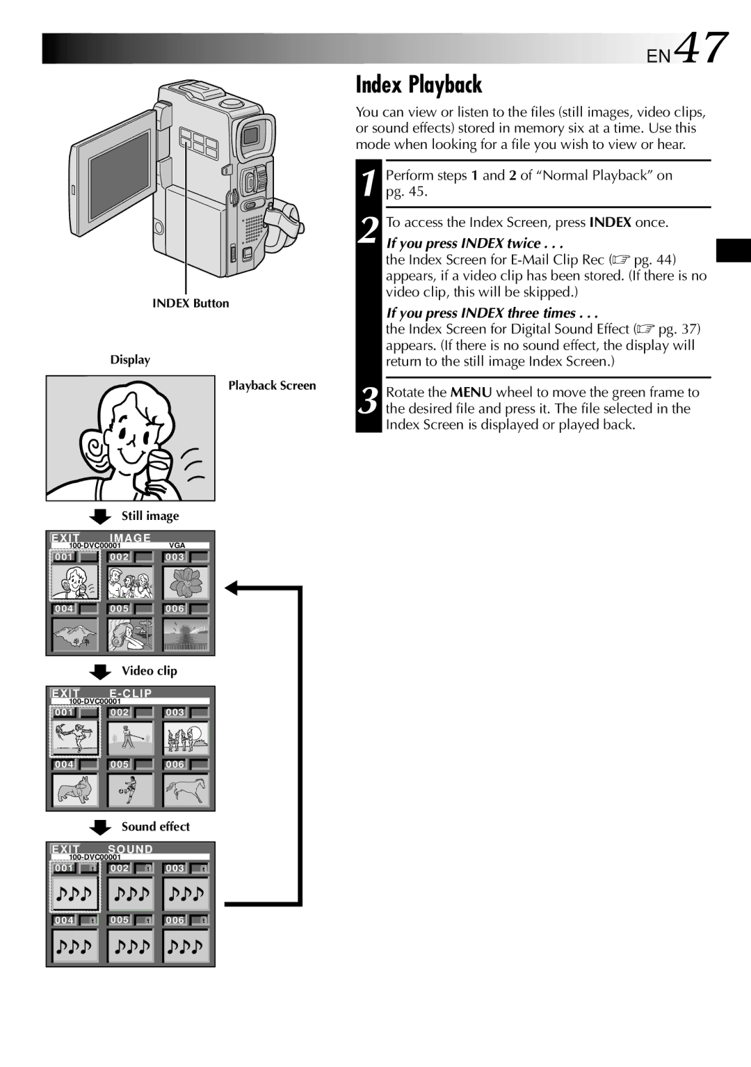 JVC GR-DVX90 specifications Index Playback, EN47, If you press Index twice, If you press Index three times 