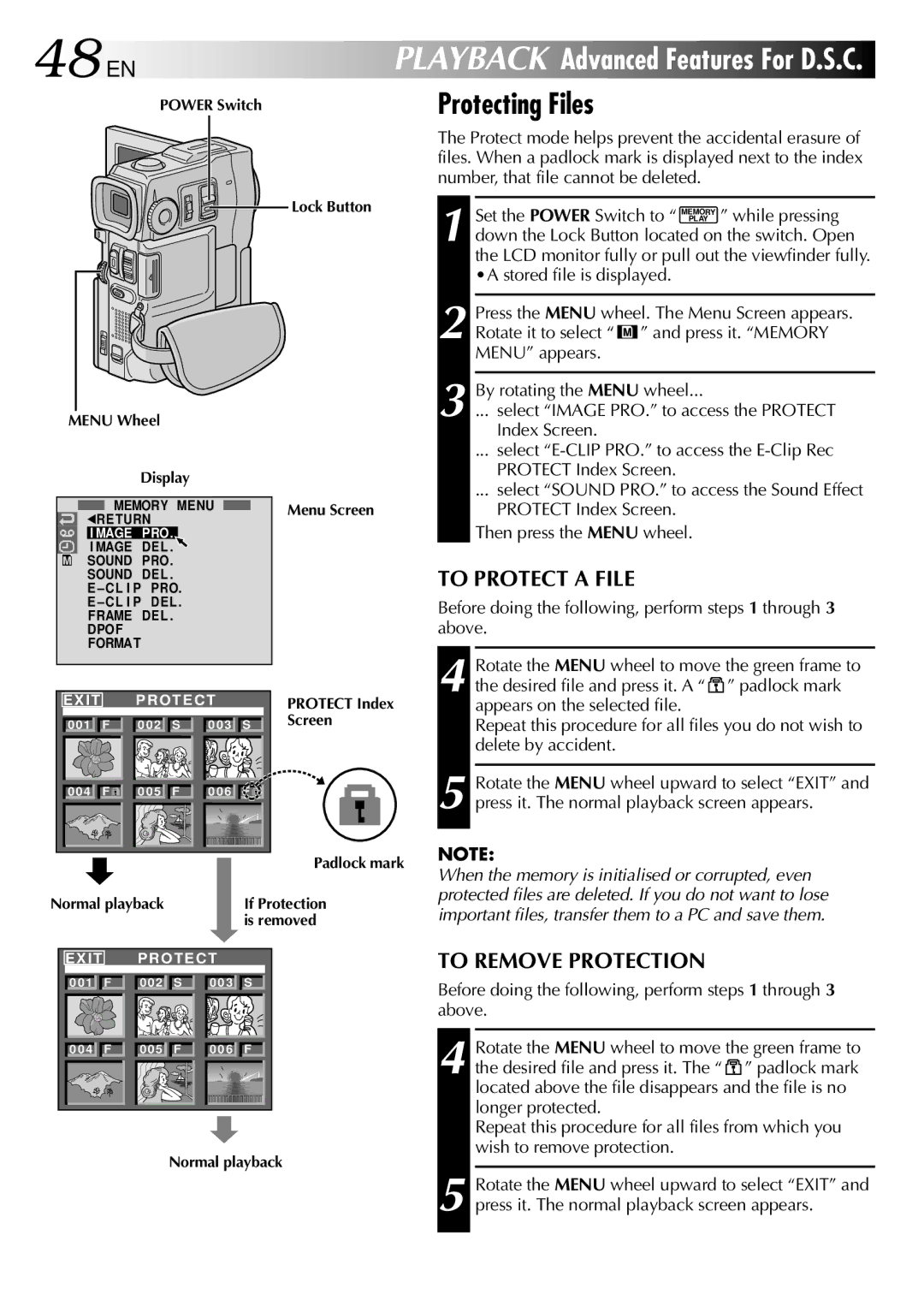 JVC GR-DVX90 specifications 48 EN, Protecting Files, To Protect a File, To Remove Protection 