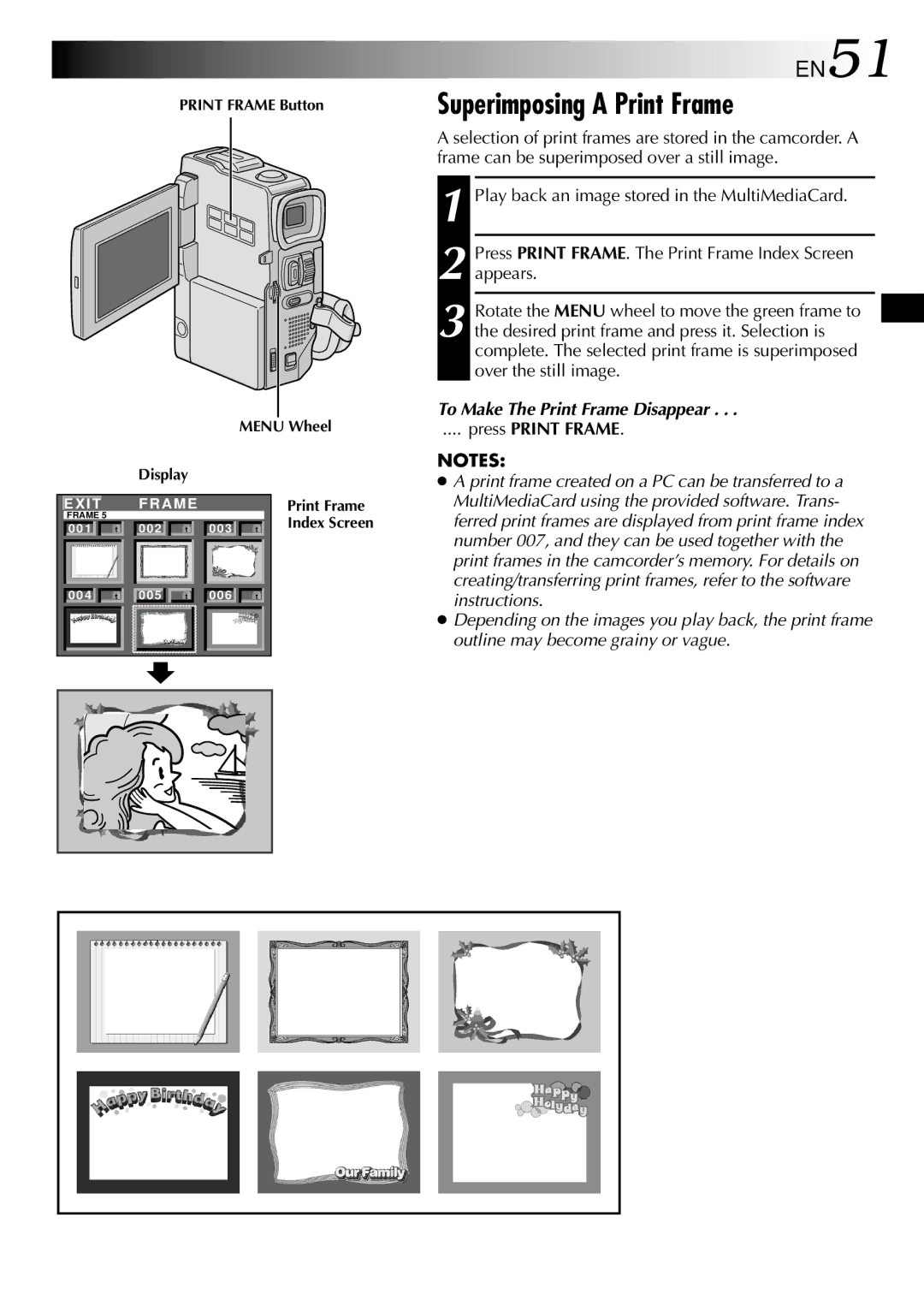 JVC GR-DVX90 Superimposing a Print Frame, EN51, To Make The Print Frame Disappear, Press Print Frame, Print Frame Button 