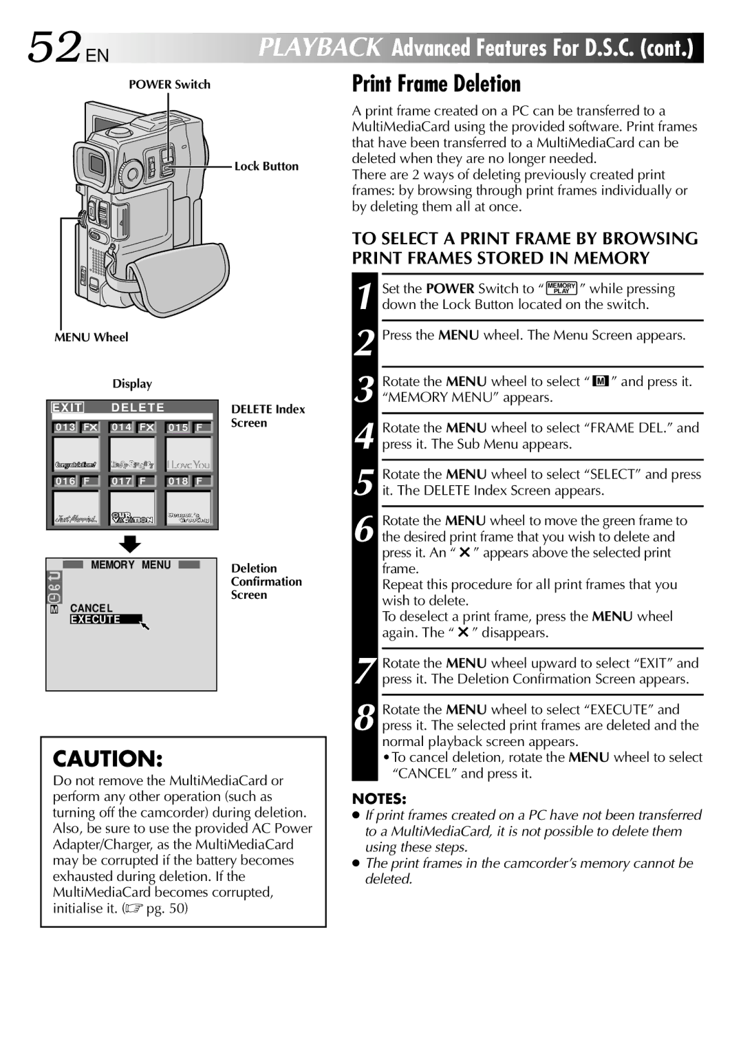 JVC GR-DVX90 52 EN, Print Frame Deletion, Lock Button Delete Index Screen Deletion Confirmation, Set the Power Switch to 