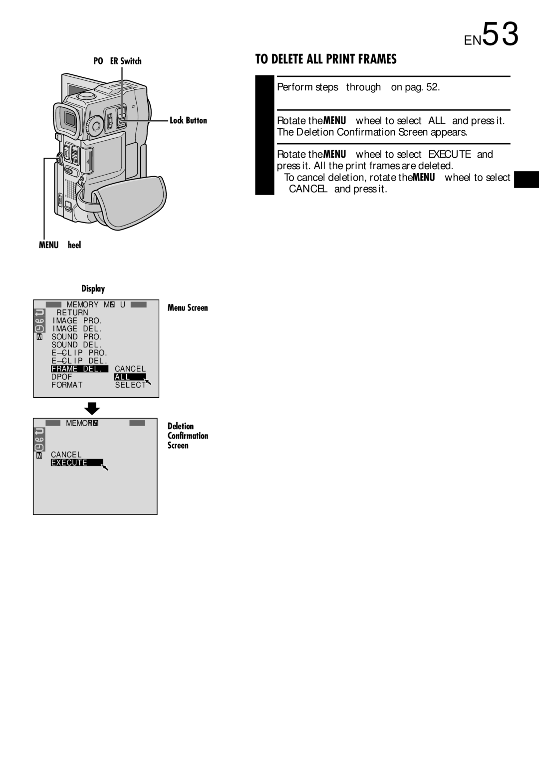 JVC GR-DVX90 specifications To Delete ALL Print Frames 