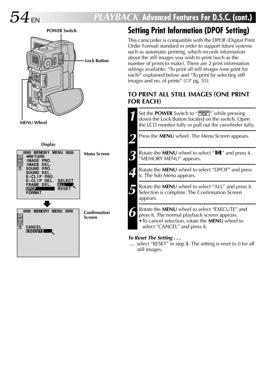 JVC GR-DVX90 specifications 54 EN, To Print ALL Still Images ONE Print for Each, To Reset The Setting 