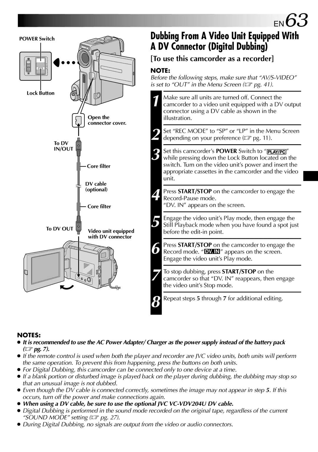 JVC GR-DVX90 specifications EN63, Core filter DV cable optional, To DV OUT 