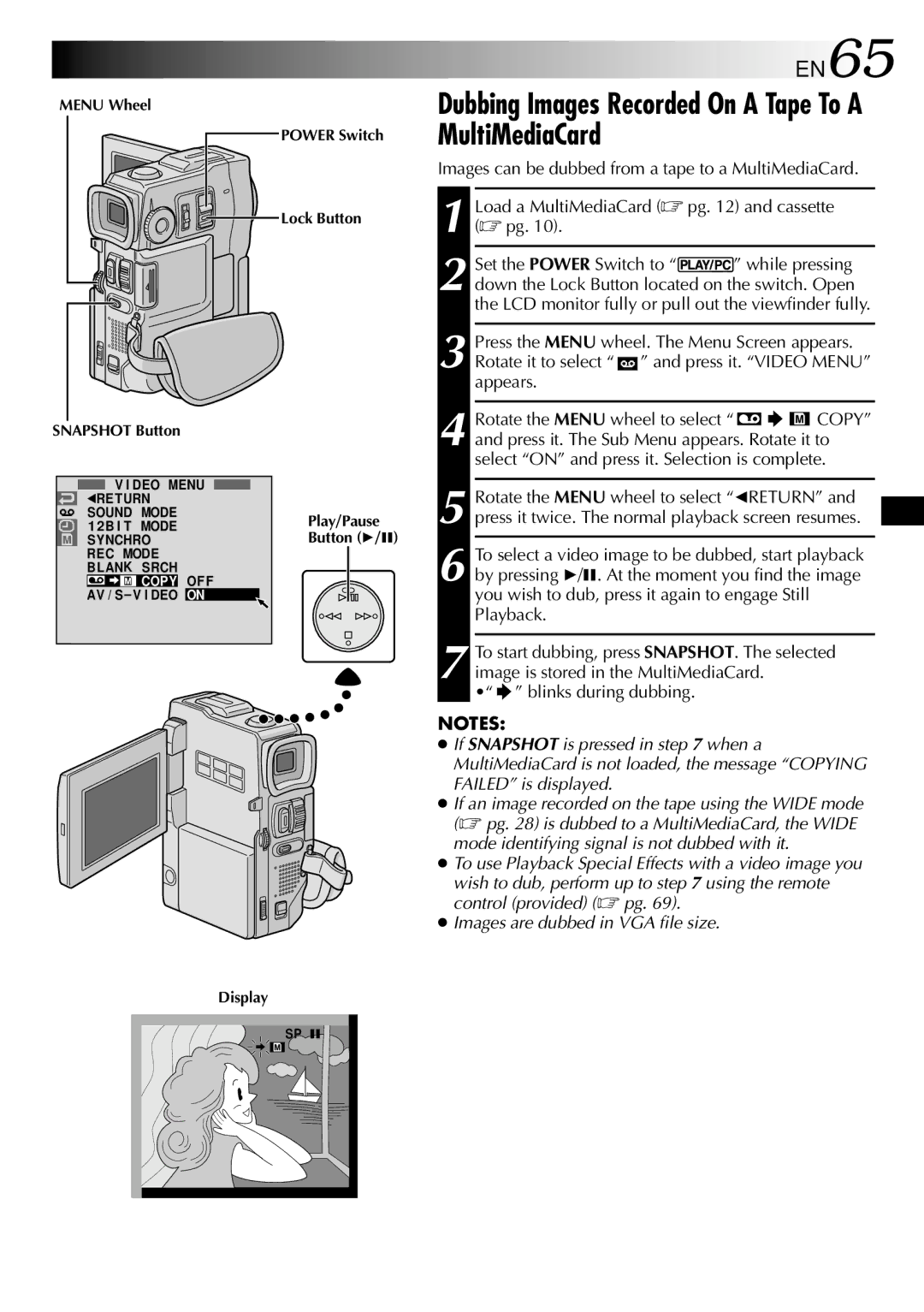 JVC GR-DVX90 Dubbing Images Recorded On a Tape To a MultiMediaCard, EN65, Menu Wheel Power Switch Lock Button 