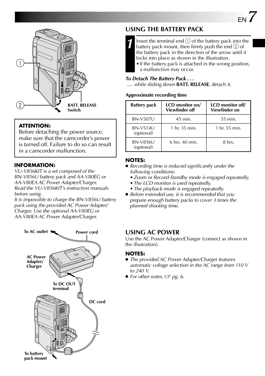 JVC GR-DVX90 specifications Using the Battery Pack, Using AC Power, To Detach The Battery Pack, Approximate recording time 