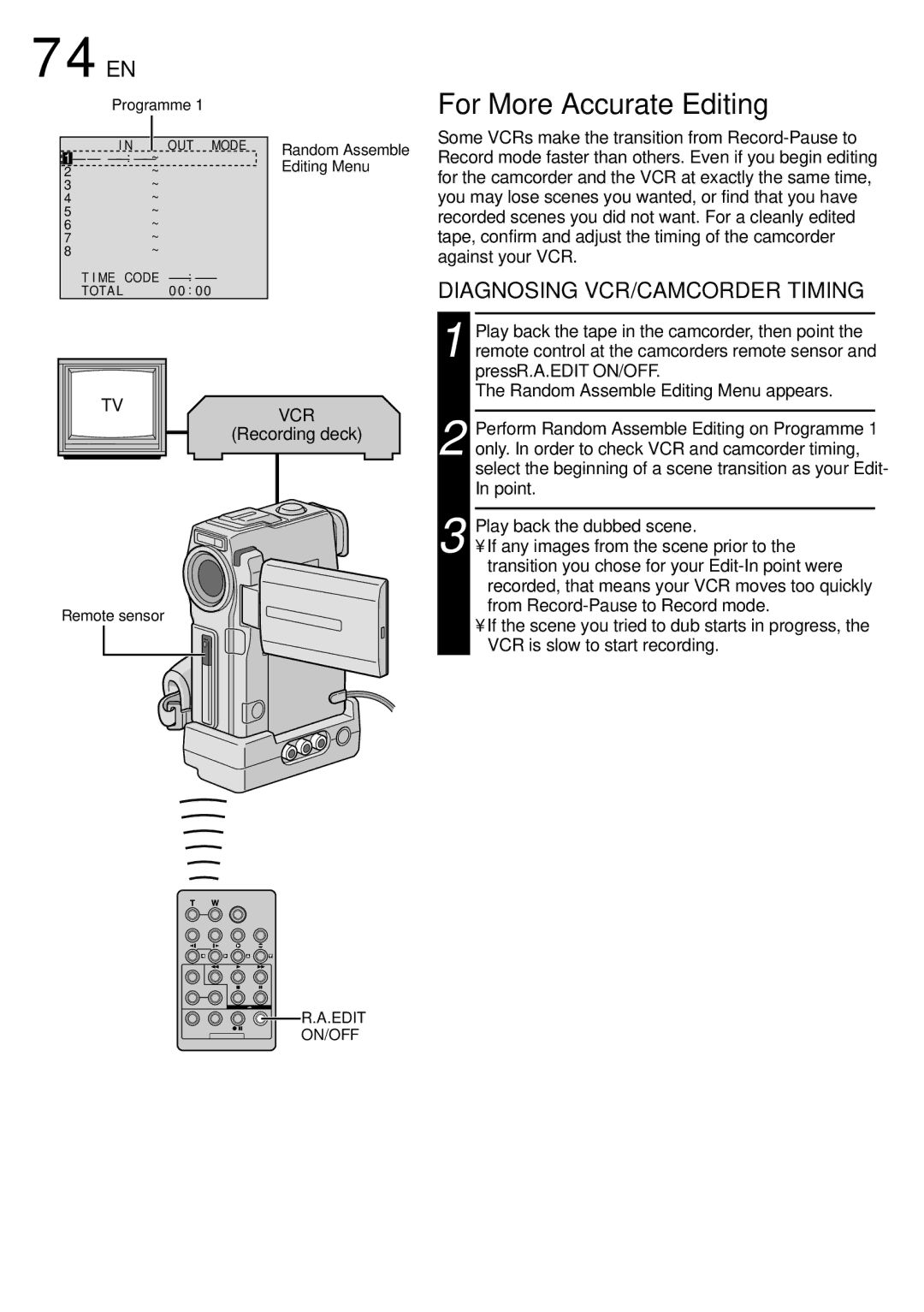 JVC GR-DVX90 specifications 74 EN, For More Accurate Editing, Diagnosing VCR/CAMCORDER Timing, Programme, Recording deck 