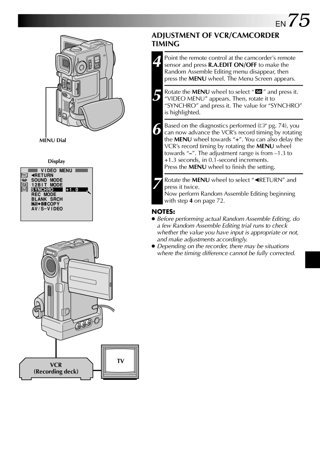 JVC GR-DVX90 specifications EN75, Adjustment of VCR/CAMCORDER Timing, Recording deck, Menu Dial Display 