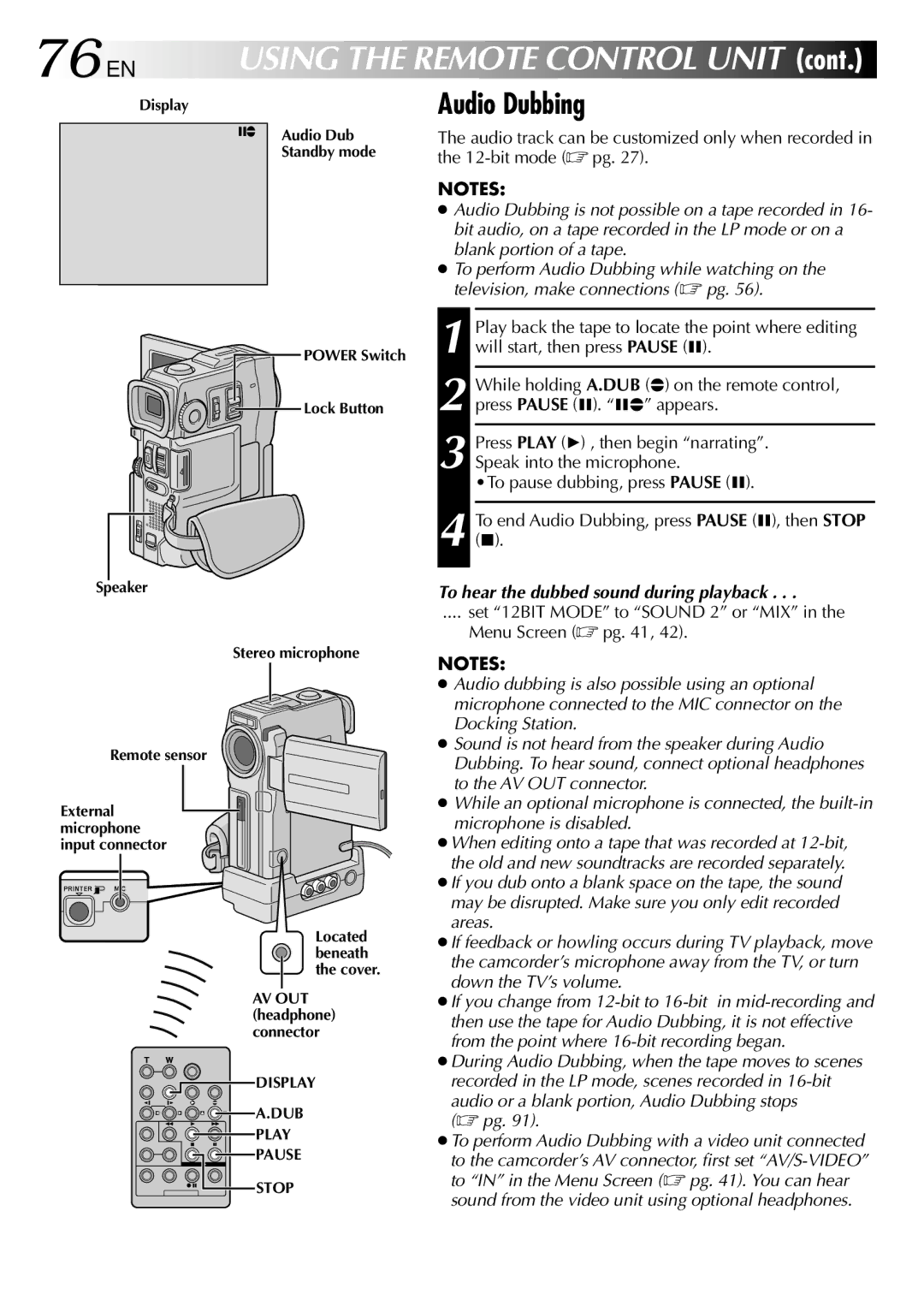 JVC GR-DVX90 specifications 76 EN, Audio Dubbing, To hear the dubbed sound during playback 