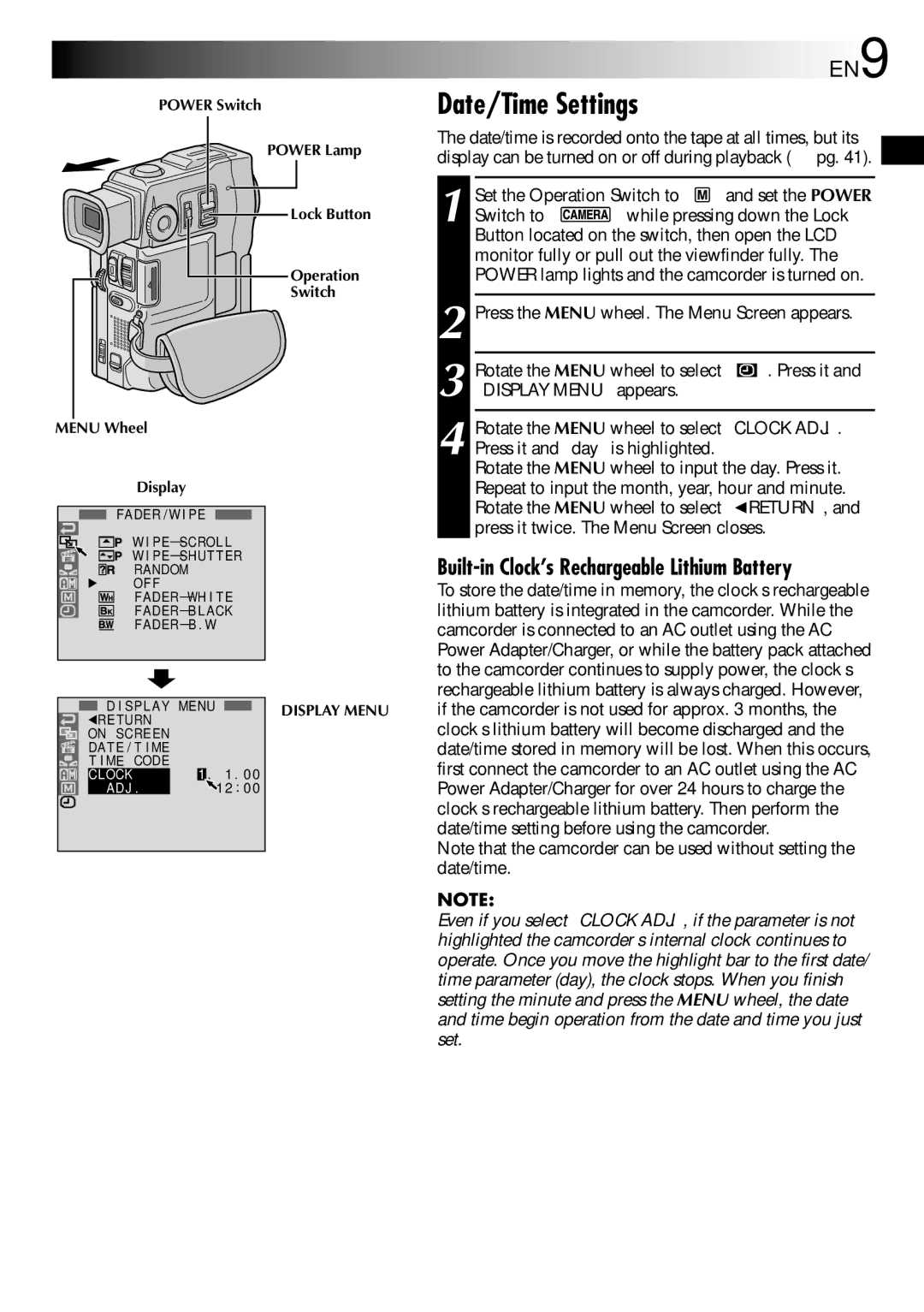 JVC GR-DVX90 specifications Date/Time Settings, Built-in Clock’s Rechargeable Lithium Battery 