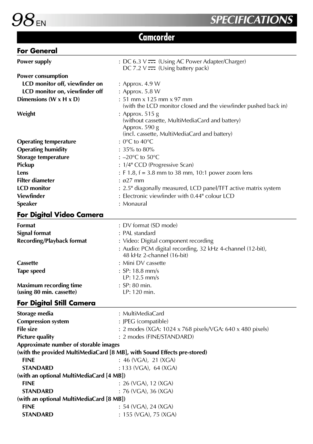 JVC GR-DVX90 specifications 98 EN, For General, For Digital Video Camera, For Digital Still Camera 