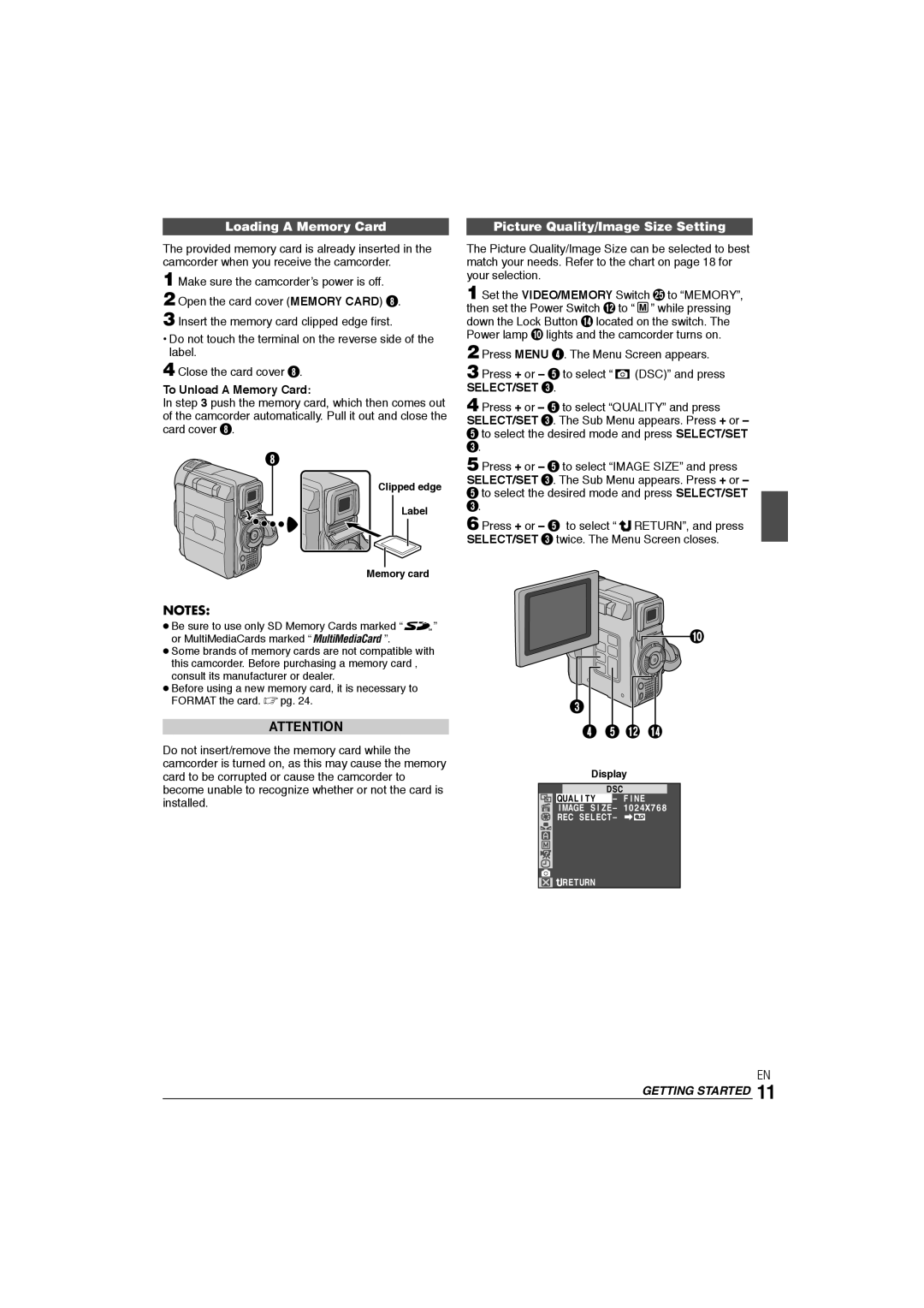 JVC GR-DX106/76AG manual Loading a Memory Card Picture Quality/Image Size Setting, To Unload a Memory Card, Display 