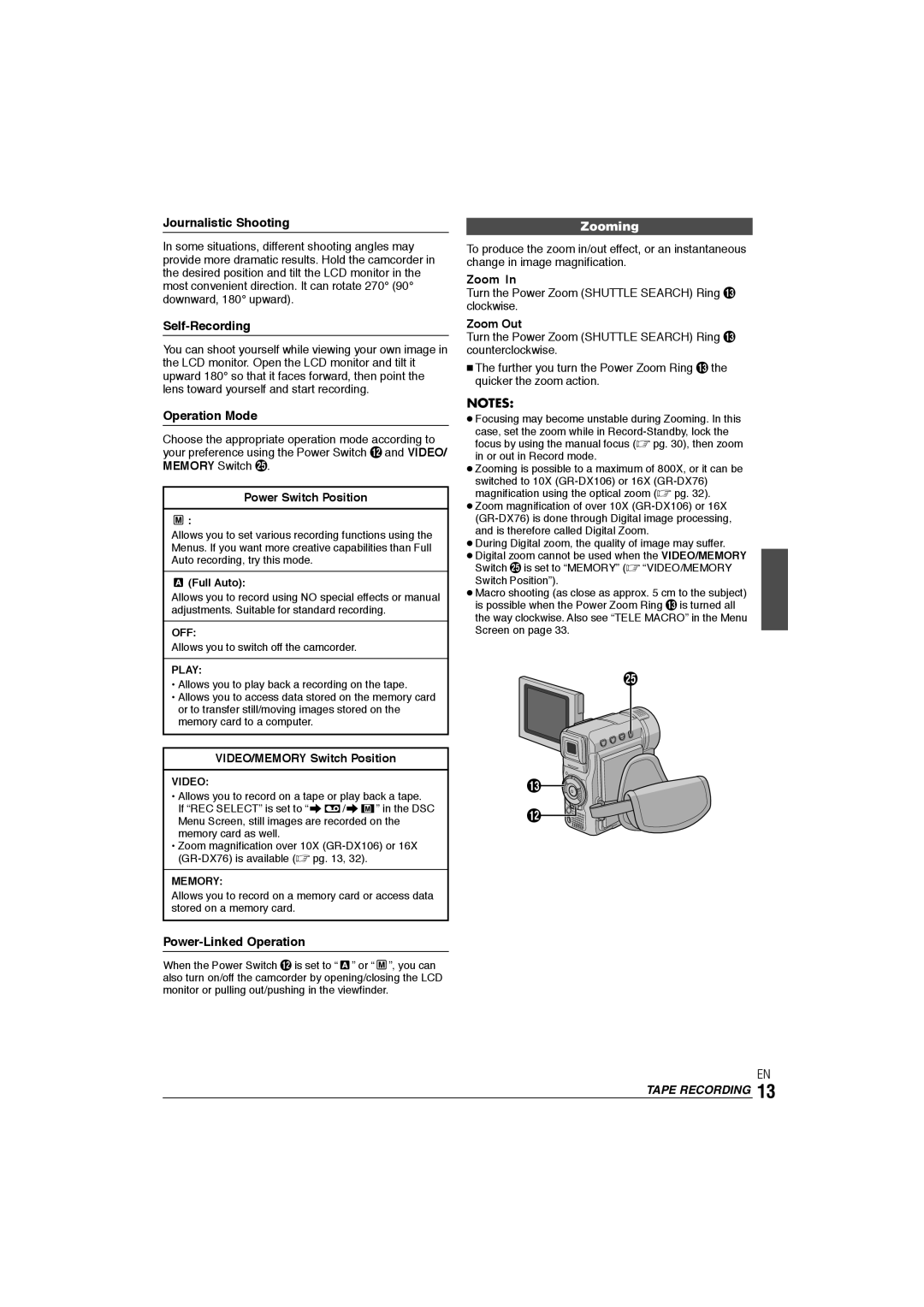 JVC GR-DX106/76AG manual Journalistic Shooting, Self-Recording, Operation Mode, Power-Linked Operation, Zooming 