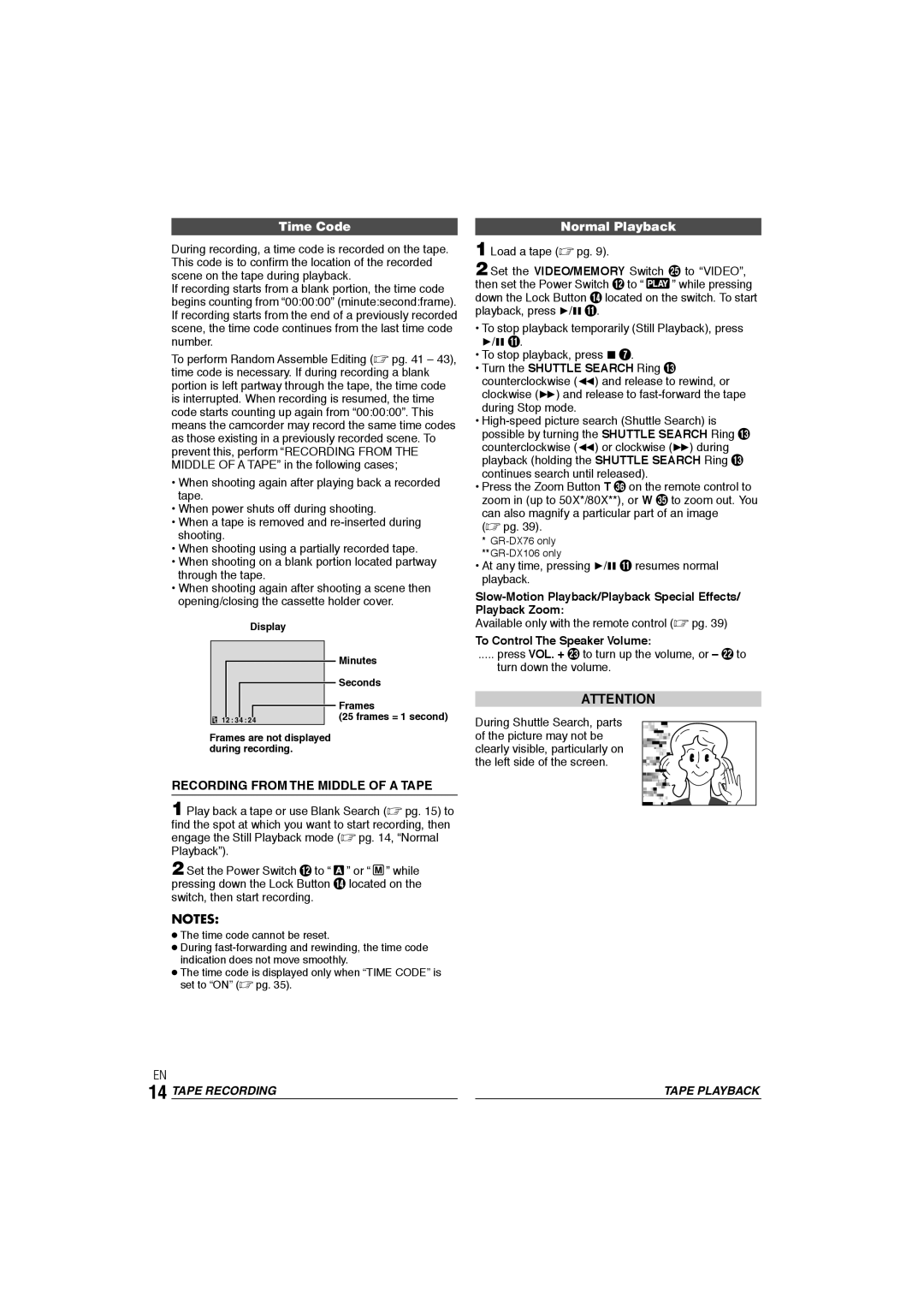 JVC GR-DX106/76AG manual Time Code, Recording from the Middle of a Tape, Normal Playback, To Control The Speaker Volume 