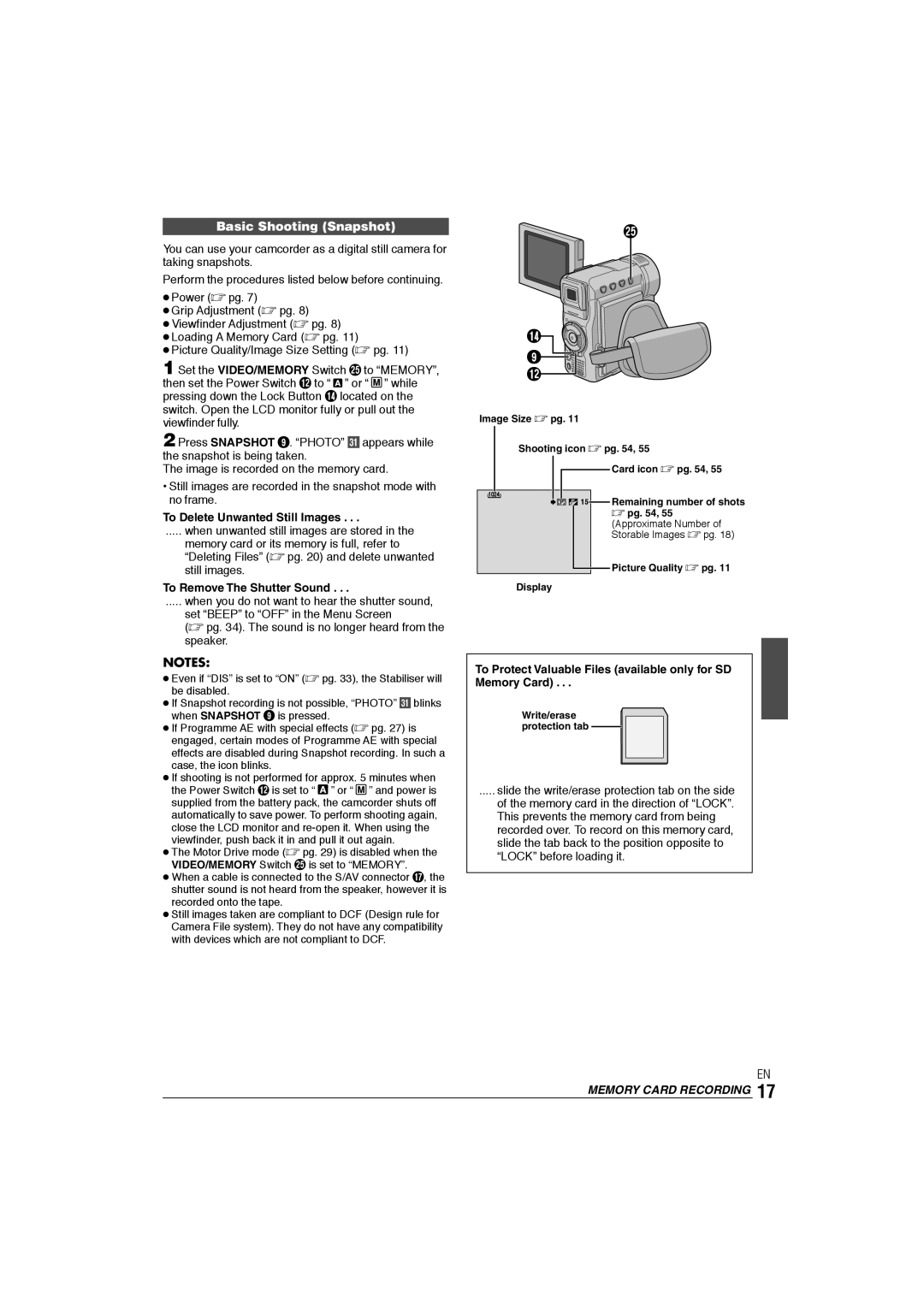 JVC GR-DX106/76AG manual Basic Shooting Snapshot, To Delete Unwanted Still Images, To Remove The Shutter Sound 