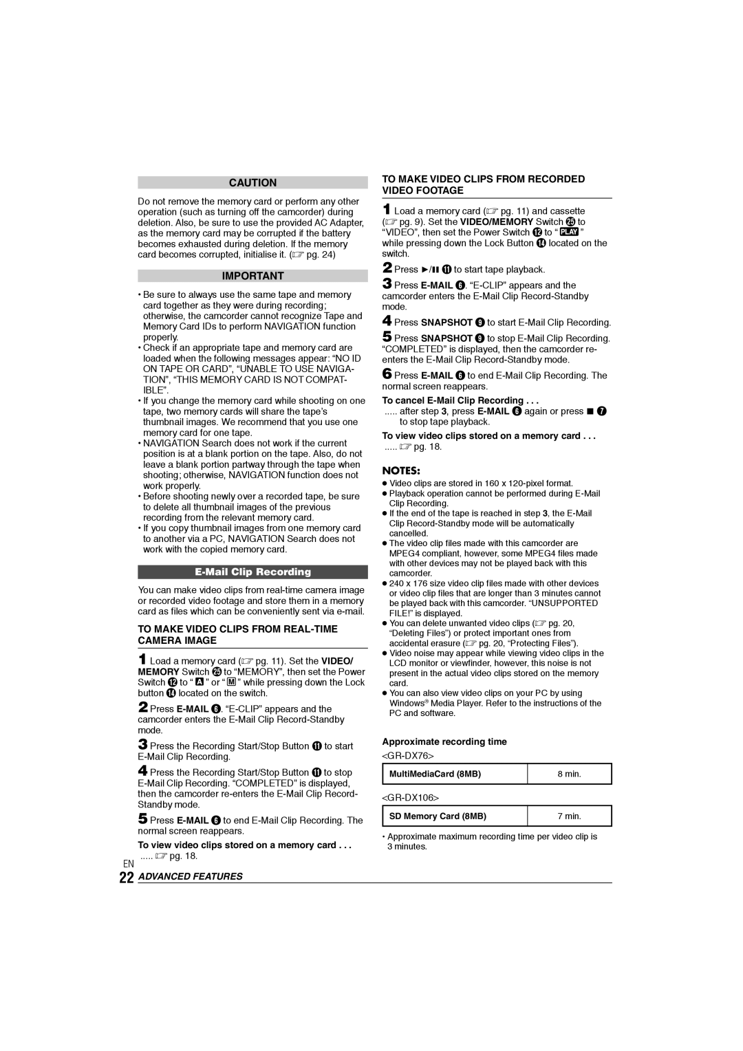 JVC GR-DX106/76AG manual To Make Video Clips from REAL-TIME Camera Image, To cancel E-Mail Clip Recording 