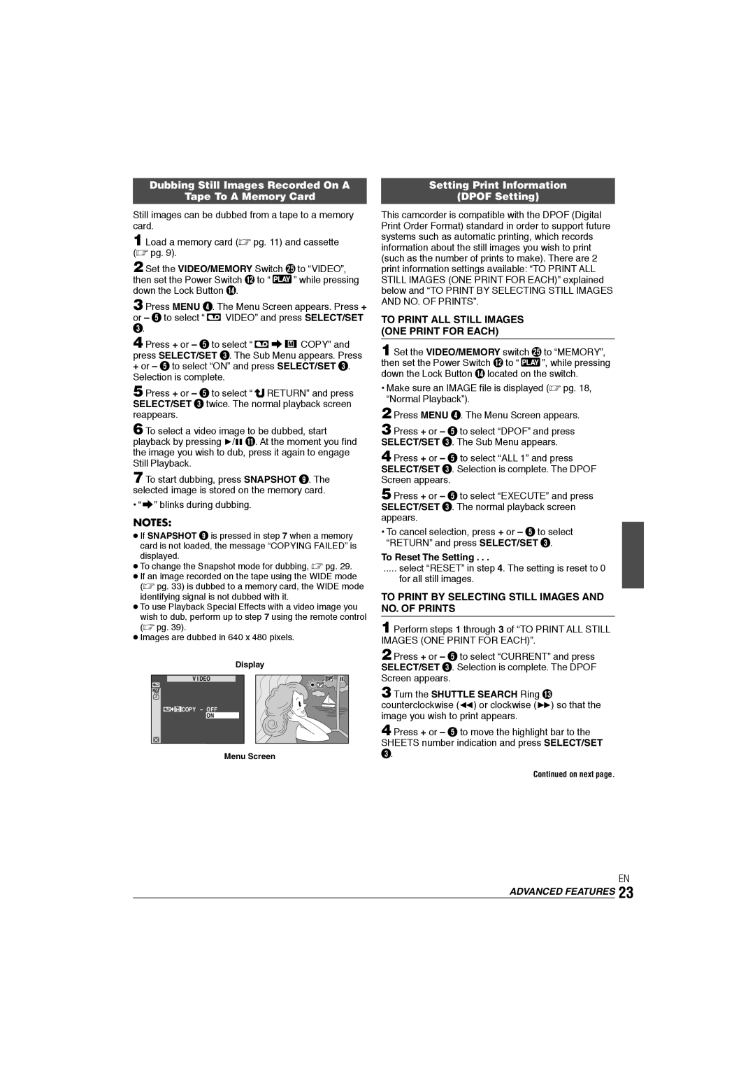 JVC GR-DX106/76AG manual Dubbing Still Images Recorded On a Tape To a Memory Card, Setting Print Information Dpof Setting 