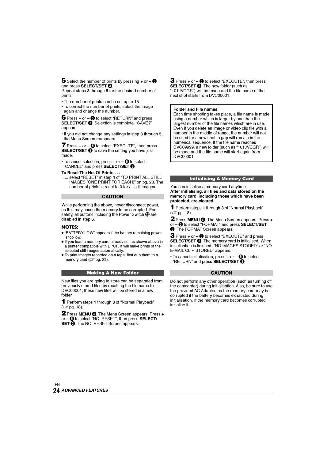 JVC GR-DX106/76AG manual Initialising a Memory Card, Making a New Folder, To Reset The No. Of Prints, Folder and File names 