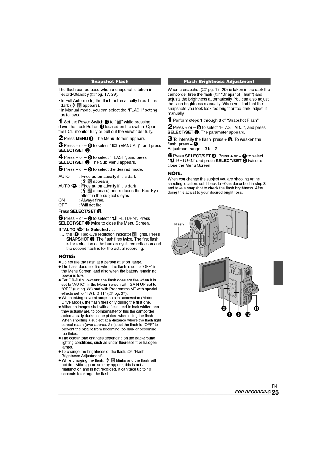 JVC GR-DX106/76AG manual Snapshot Flash, Flash Brightness Adjustment, Press + or 5 to select MANUAL, and press SELECT/SET 