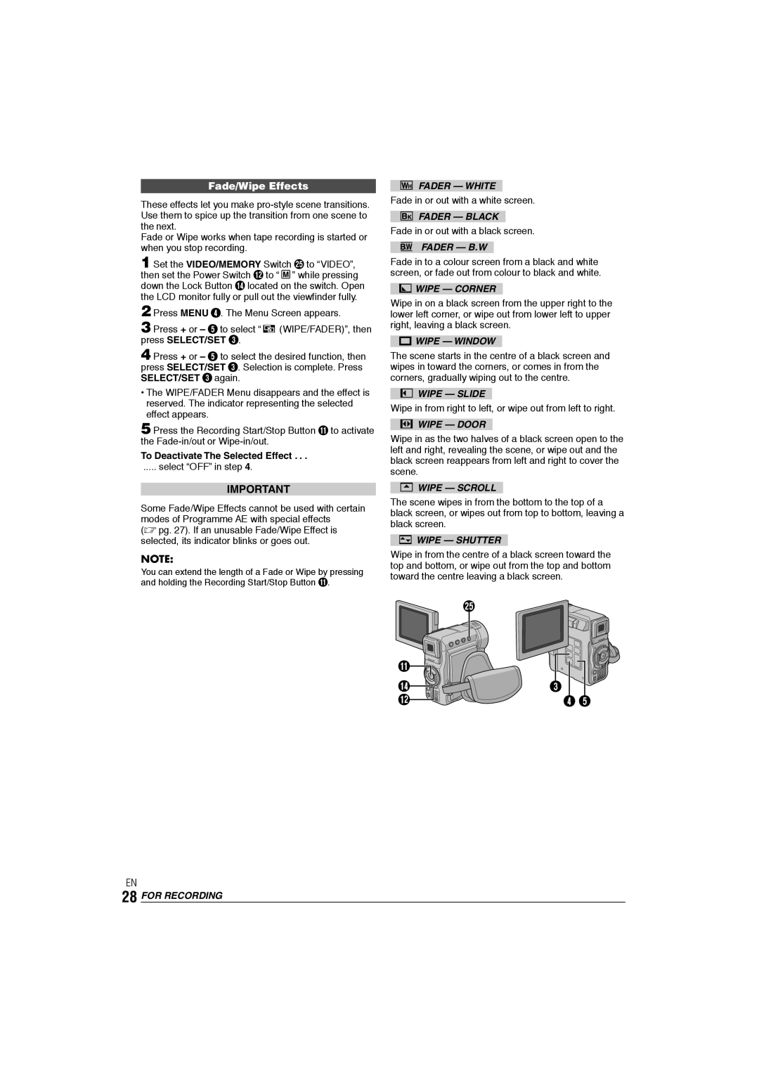 JVC GR-DX106/76AG manual Fade/Wipe Effects 