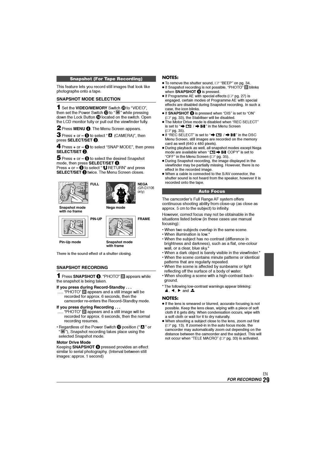 JVC GR-DX106/76AG manual Snapshot For Tape Recording, Snapshot Mode Selection, Auto Focus, Snapshot Recording 