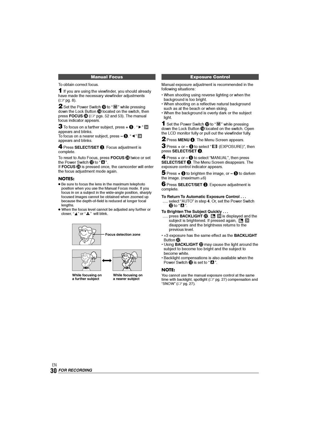 JVC GR-DX106/76AG manual Manual Focus, Exposure Control, Press + or 5 to select EXPOSURE, then press SELECT/SET 