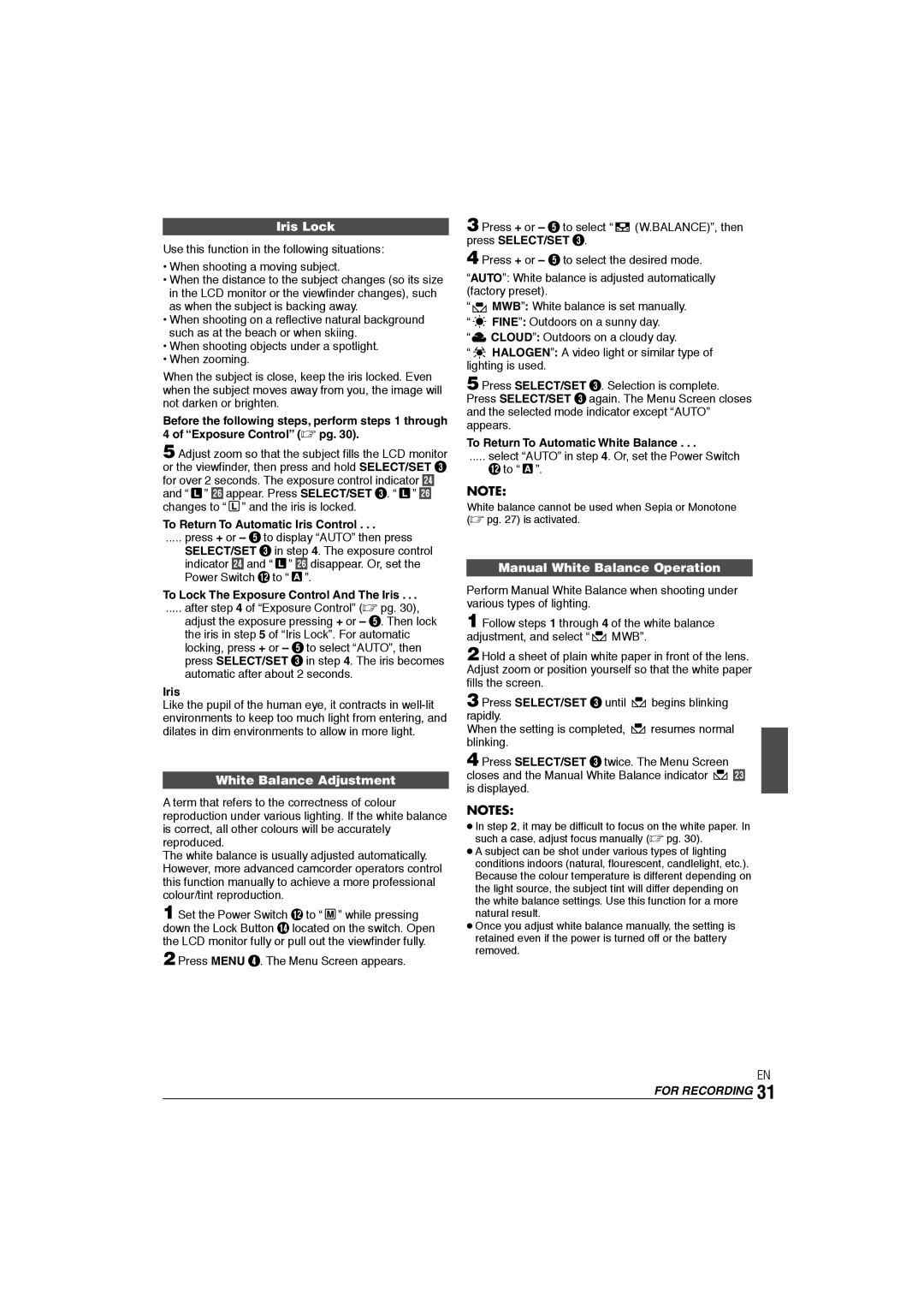 JVC GR-DX106/76AG manual Iris Lock, White Balance Adjustment, Manual White Balance Operation 