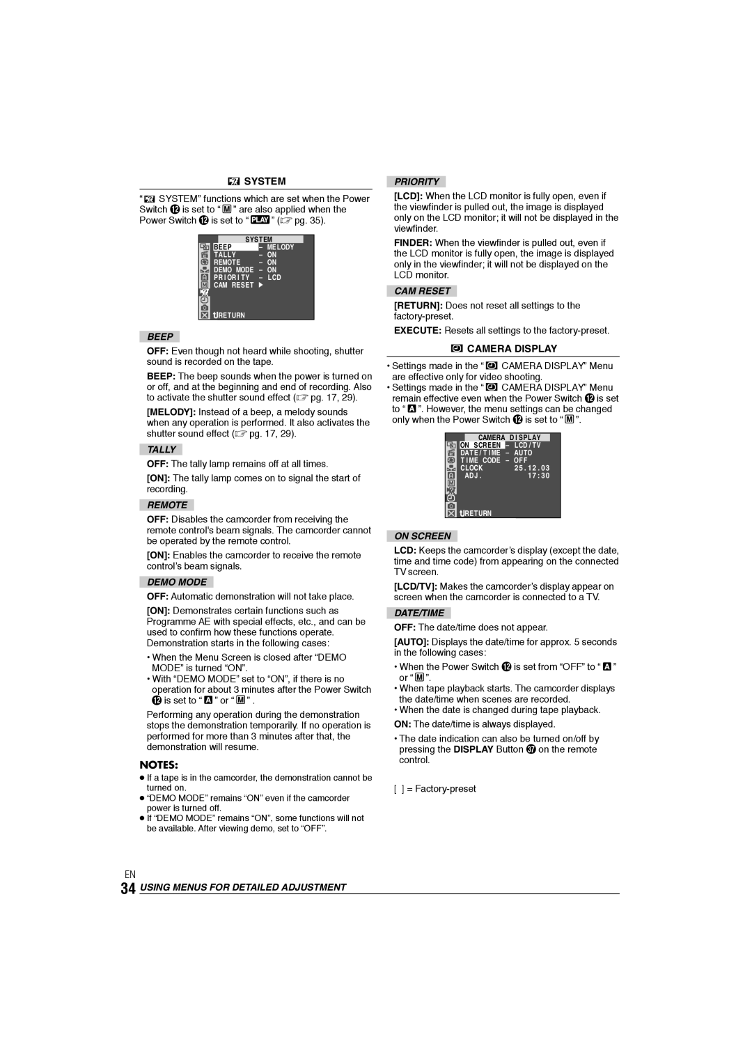 JVC GR-DX106/76AG manual System, Camera Display 