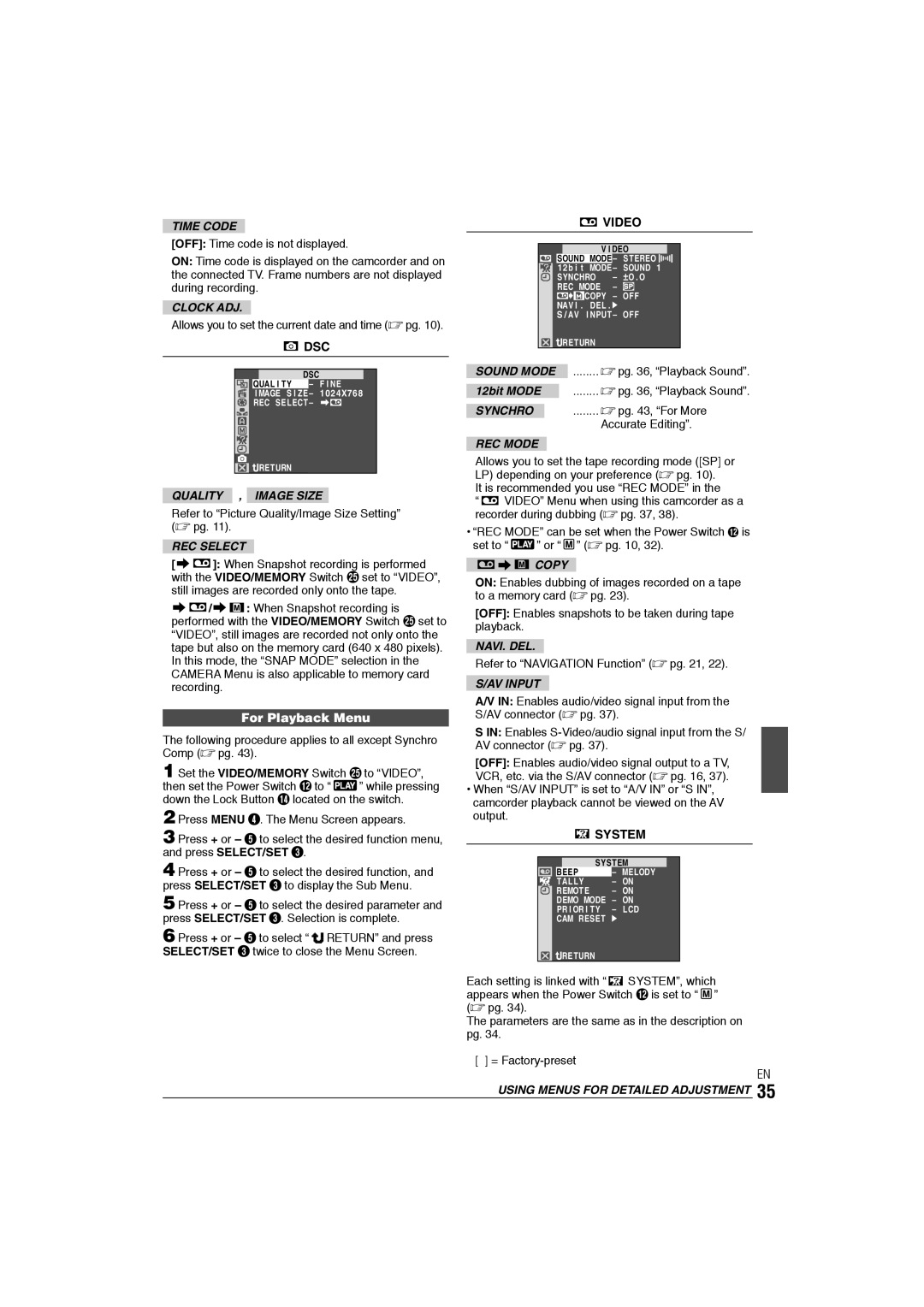 JVC GR-DX106/76AG manual Dsc, For Playback Menu, Video 