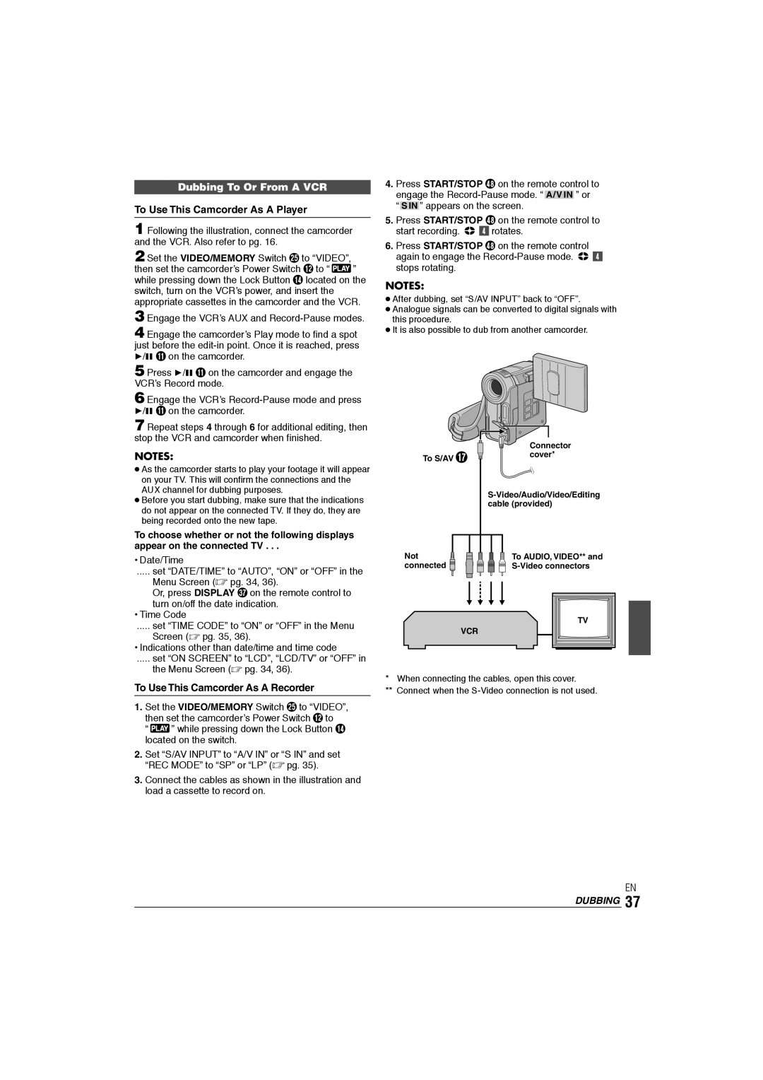 JVC GR-DX106/76AG manual Dubbing To Or From a VCR, To Use This Camcorder As a Player, To Use This Camcorder As a Recorder 