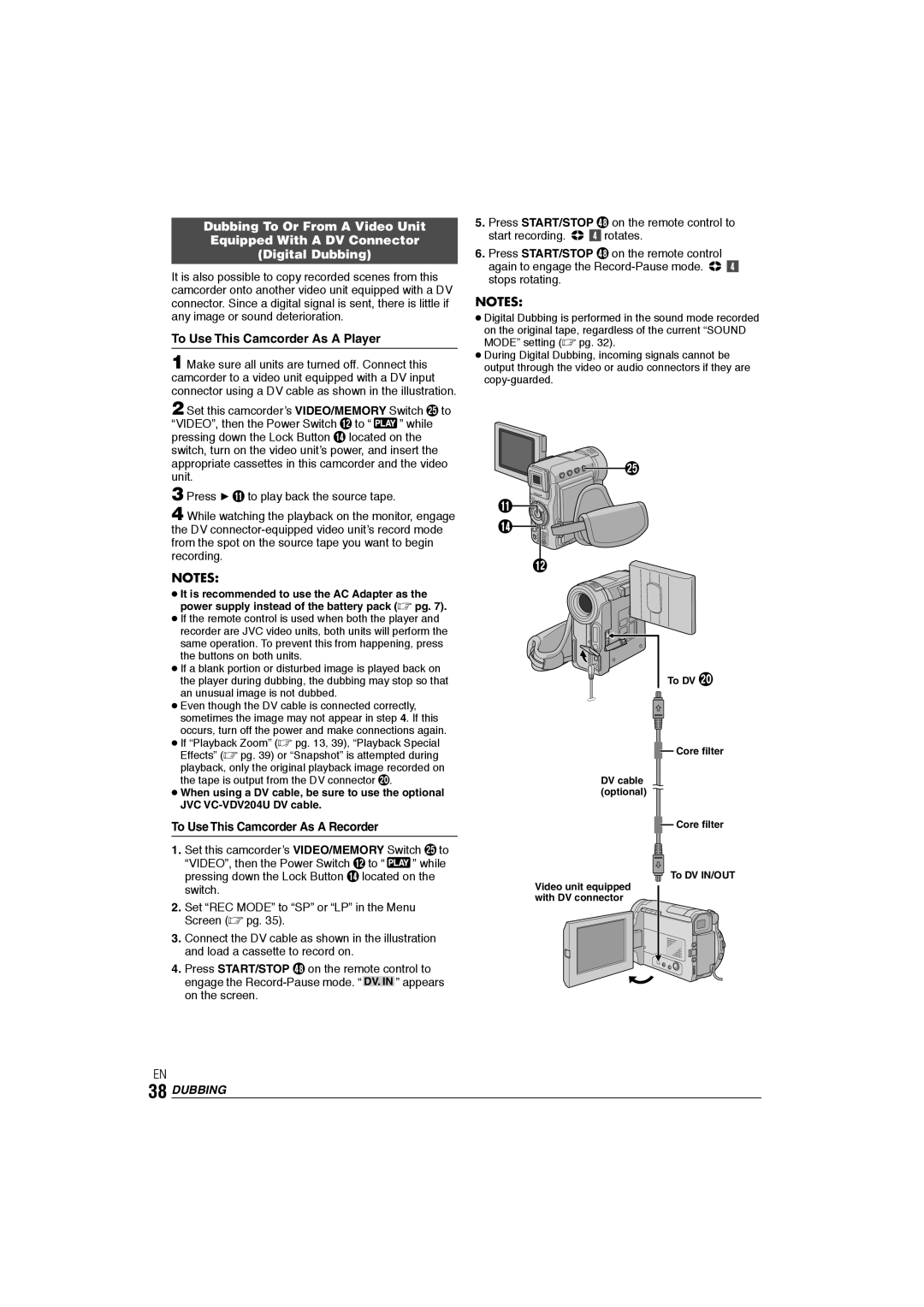 JVC GR-DX106/76AG manual To DV Core filter DV cable optional To DV IN/OUT 