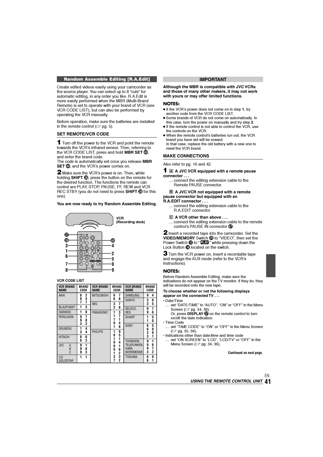 JVC GR-DX106/76AG manual Random Assemble Editing R.A.Edit, SET REMOTE/VCR Code, Make Connections 