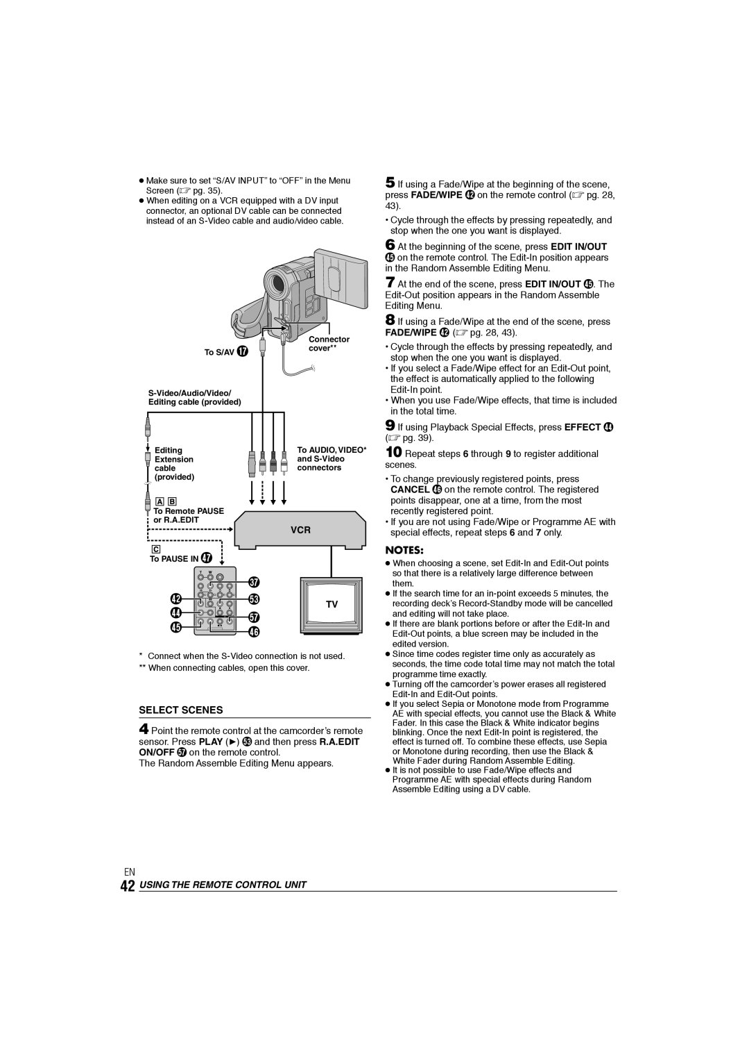 JVC GR-DX106/76AG manual Select Scenes, To S/AV, Editing Extension cable provided, To Pause in j 