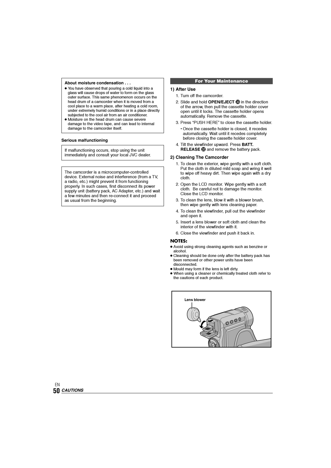 JVC GR-DX106/76AG manual For Your Maintenance, After Use, Cleaning The Camcorder, About moisture condensation 