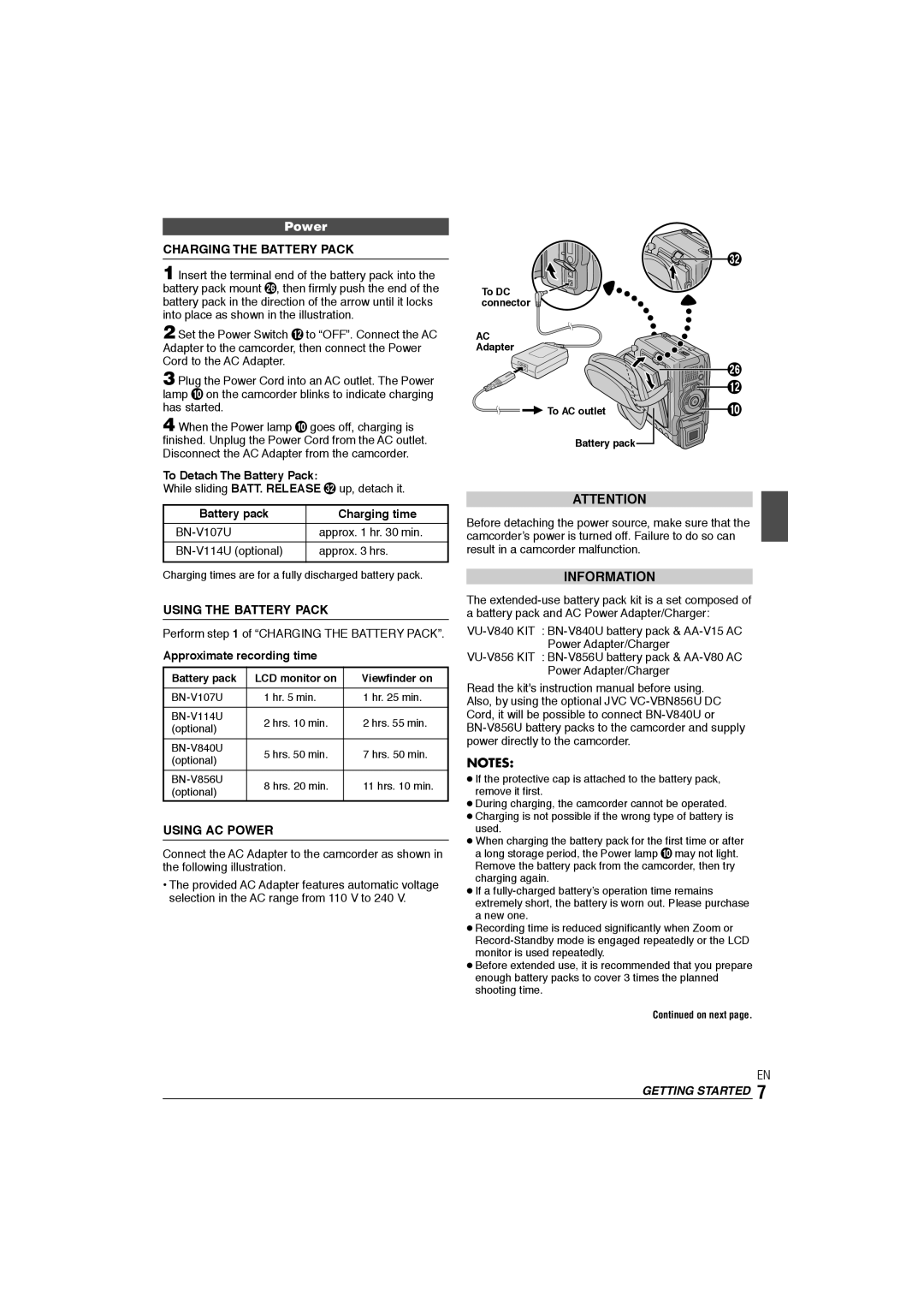 JVC GR-DX106/76AG manual Charging the Battery Pack, Using the Battery Pack, Using AC Power, Information 