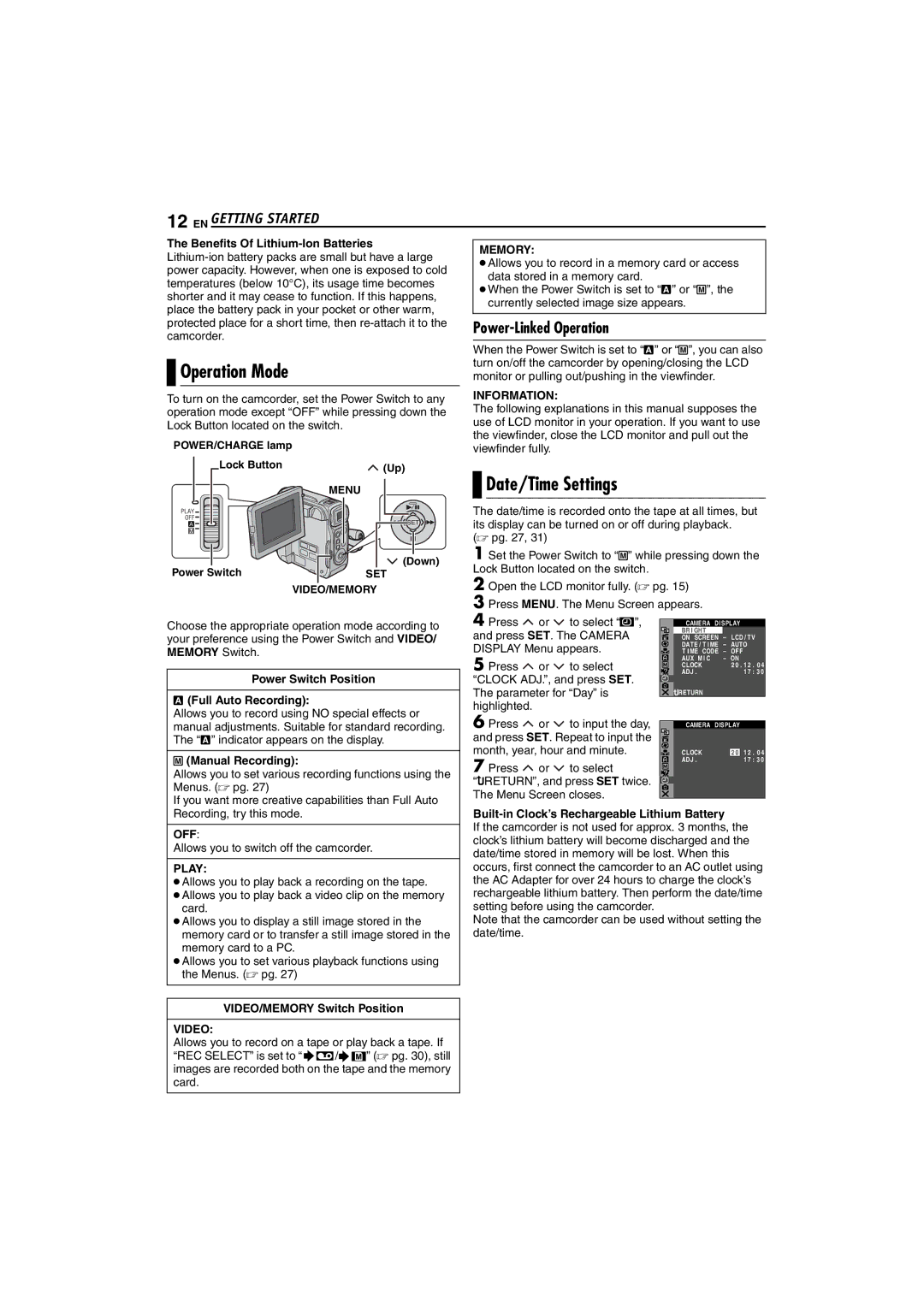 JVC GR-DX107, GR-DX307, GR-DX317 instruction manual Operation Mode, Date/Time Settings, Power-Linked Operation 