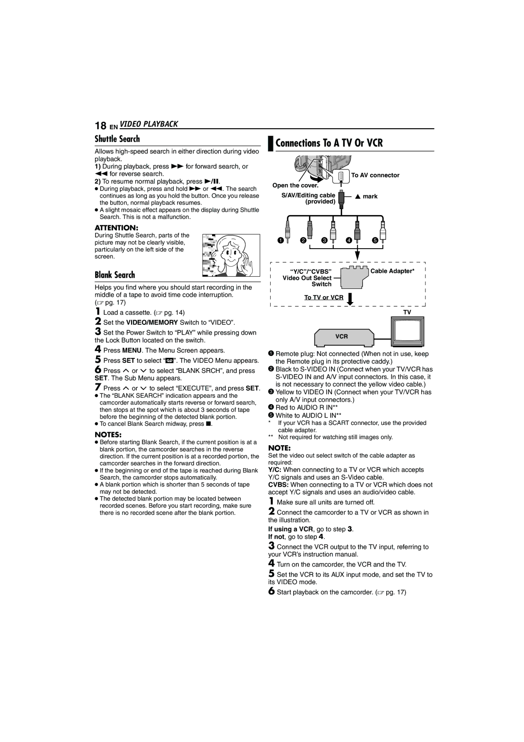 JVC GR-DX107 EN Video Playback, Shuttle Search Connections To a TV Or VCR, If using a VCR, go to . If not, go to step 