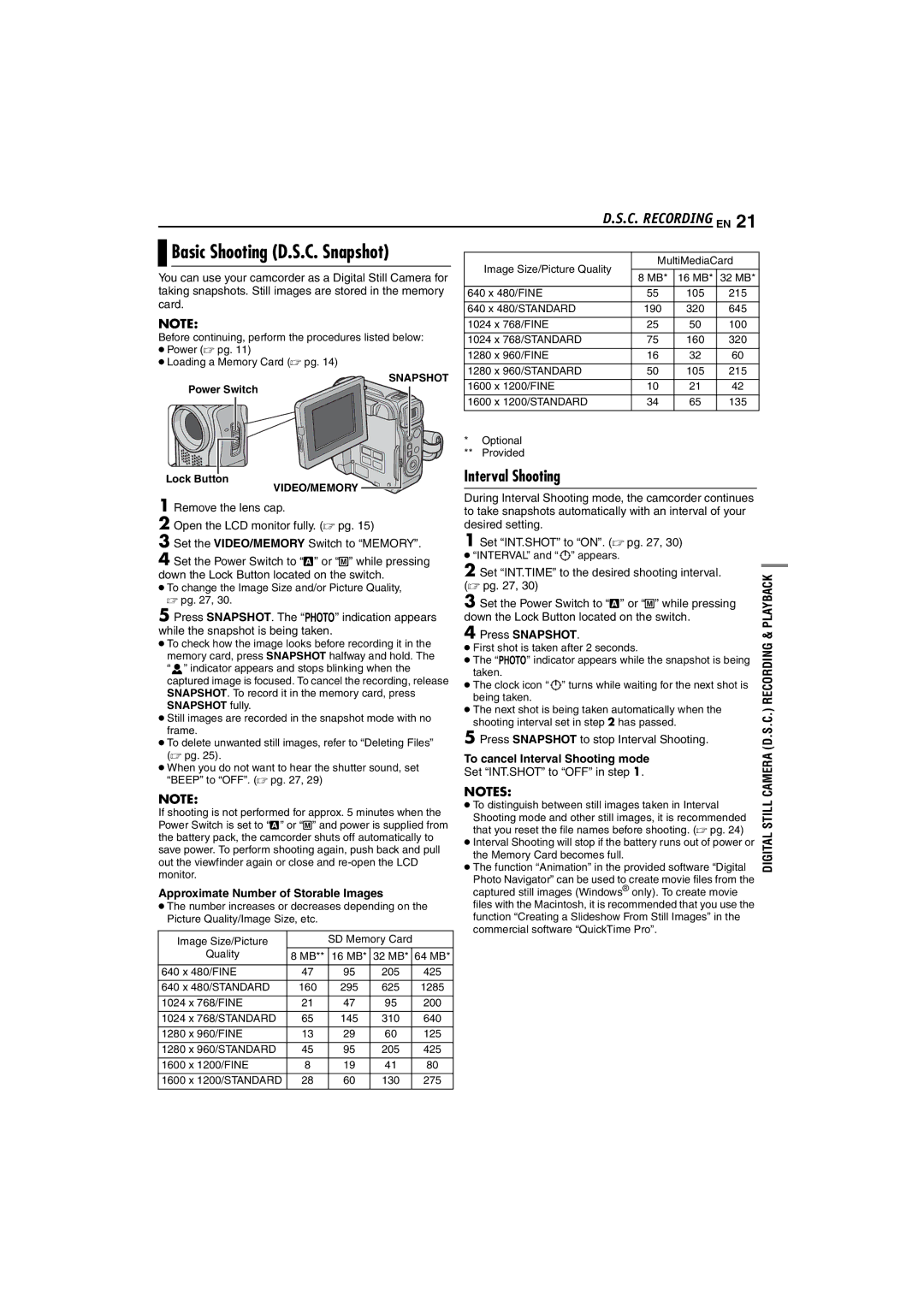 JVC GR-DX107, GR-DX307, GR-DX317 C. Recording EN, Interval Shooting, Approximate Number of Storable Images, Press Snapshot 