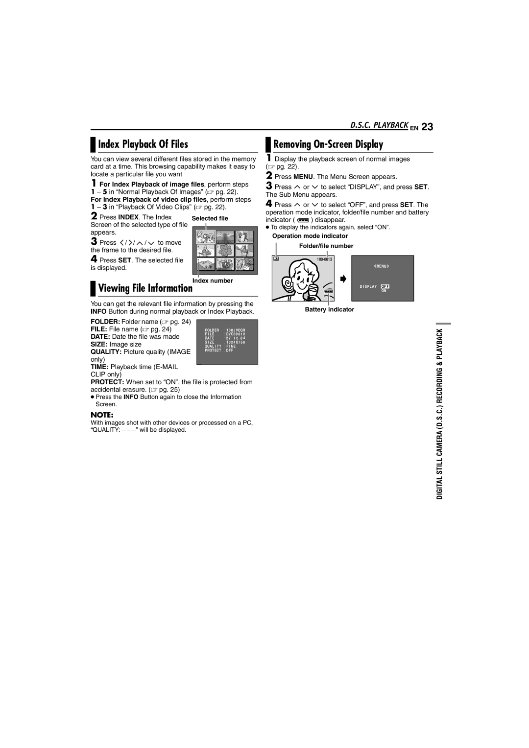 JVC GR-DX317, GR-DX107, GR-DX307 Index Playback Of Files, Removing On-Screen Display, Viewing File Information 