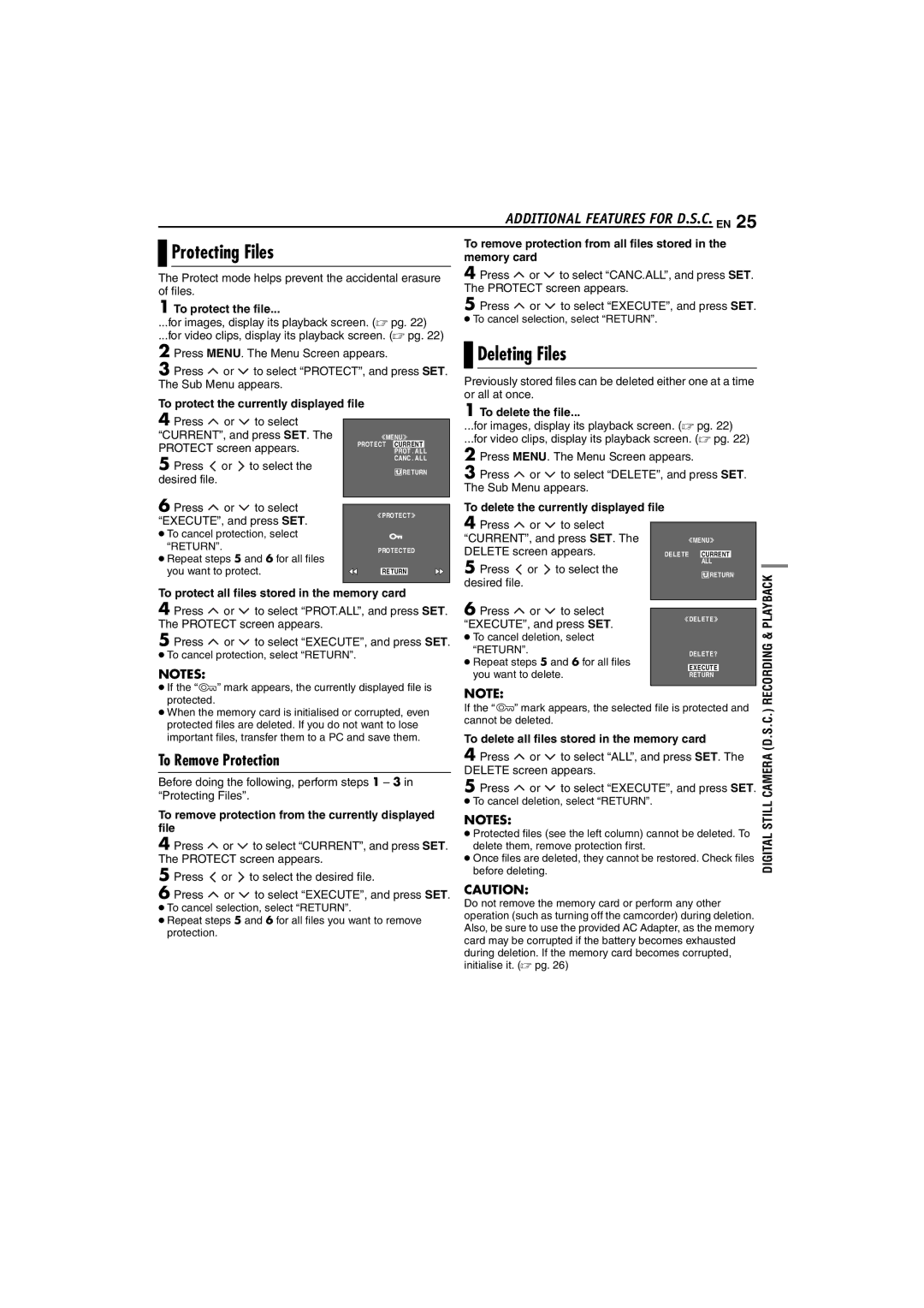 JVC GR-DX307, GR-DX107, GR-DX317 instruction manual Protecting Files, Deleting Files, To Remove Protection 