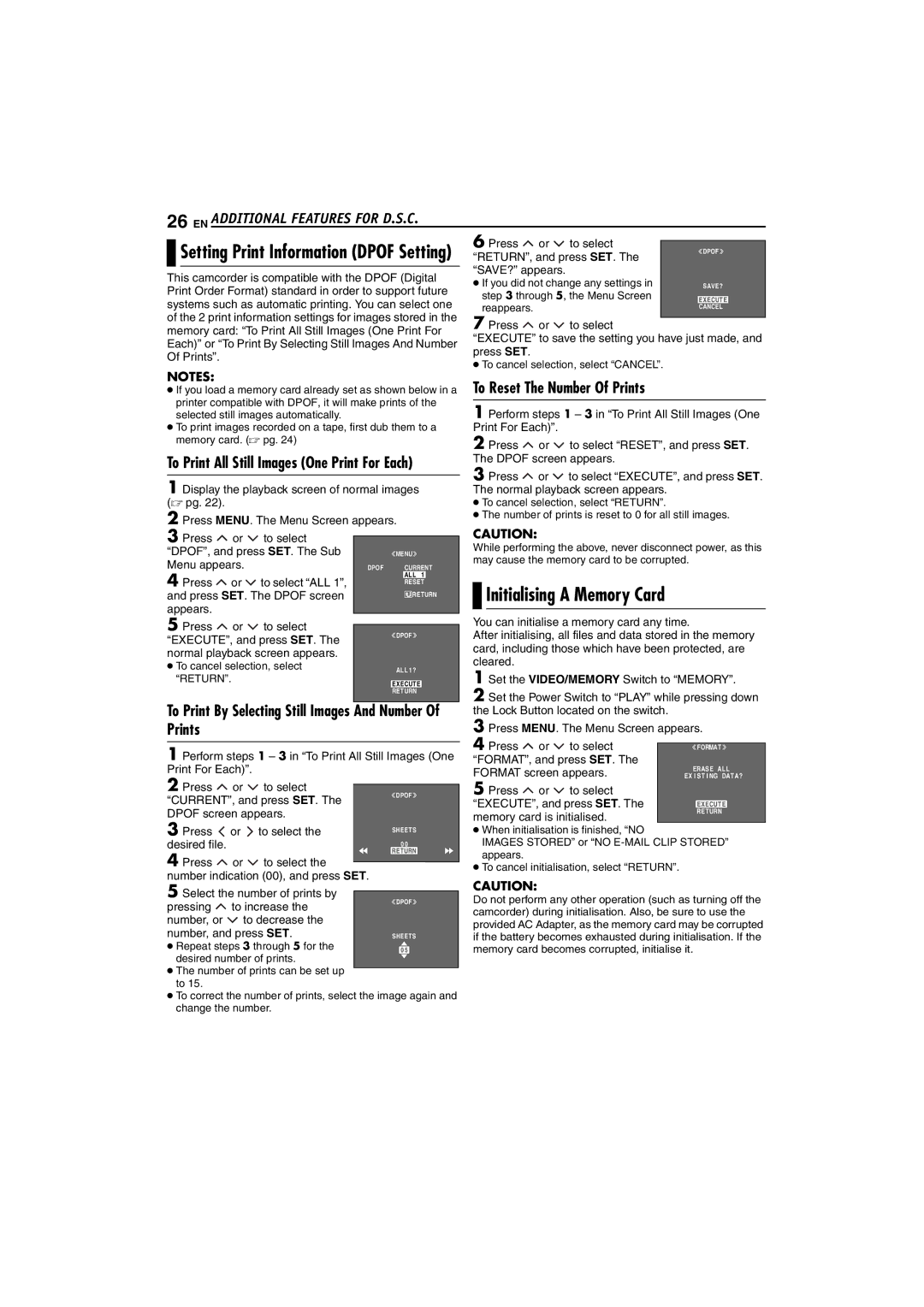 JVC GR-DX317, GR-DX107 Initialising a Memory Card, EN Additional Features for D.S.C, To Reset The Number Of Prints 