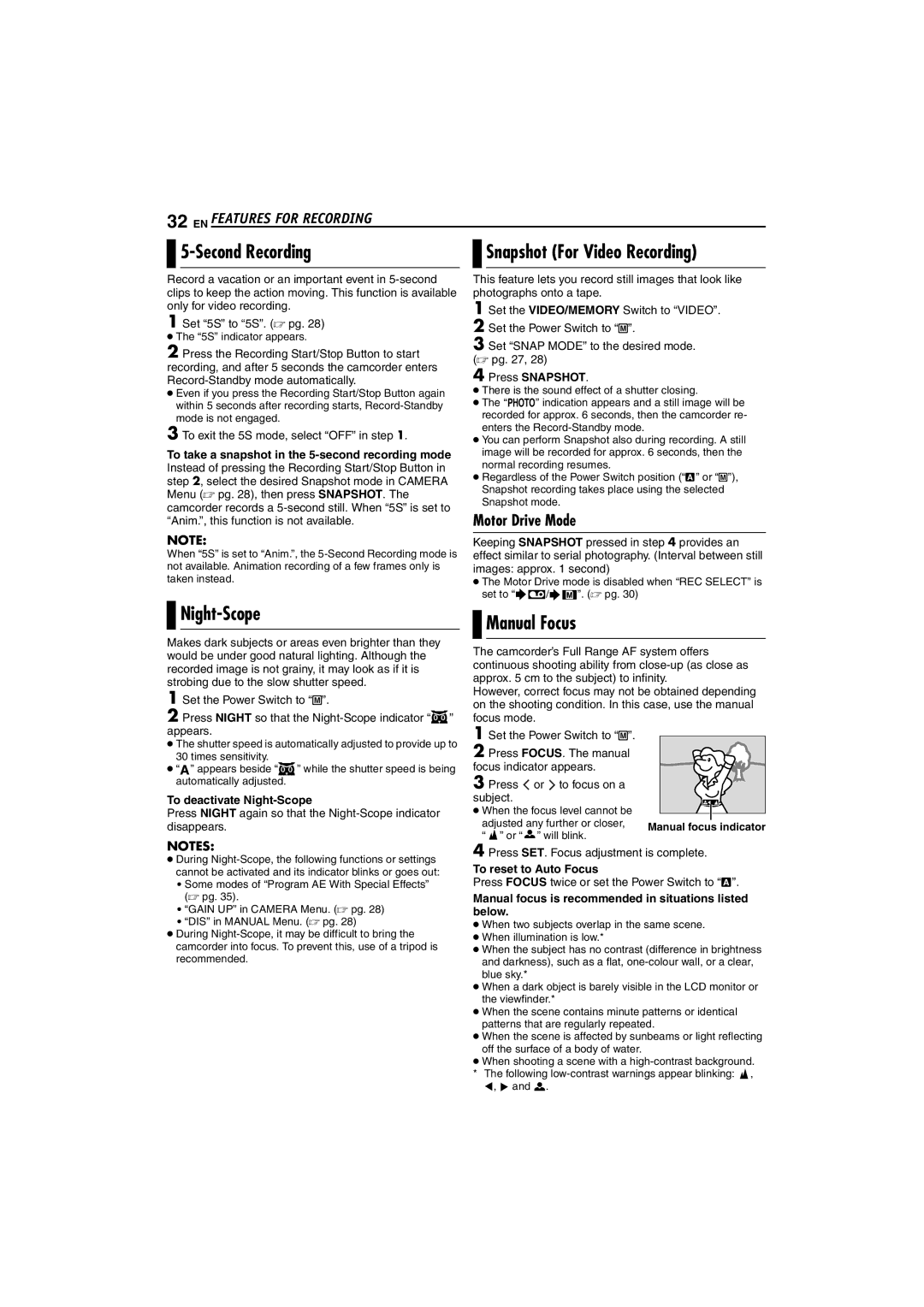 JVC GR-DX317 Second Recording, Night-Scope, Snapshot For Video Recording, Manual Focus, EN Features for Recording 