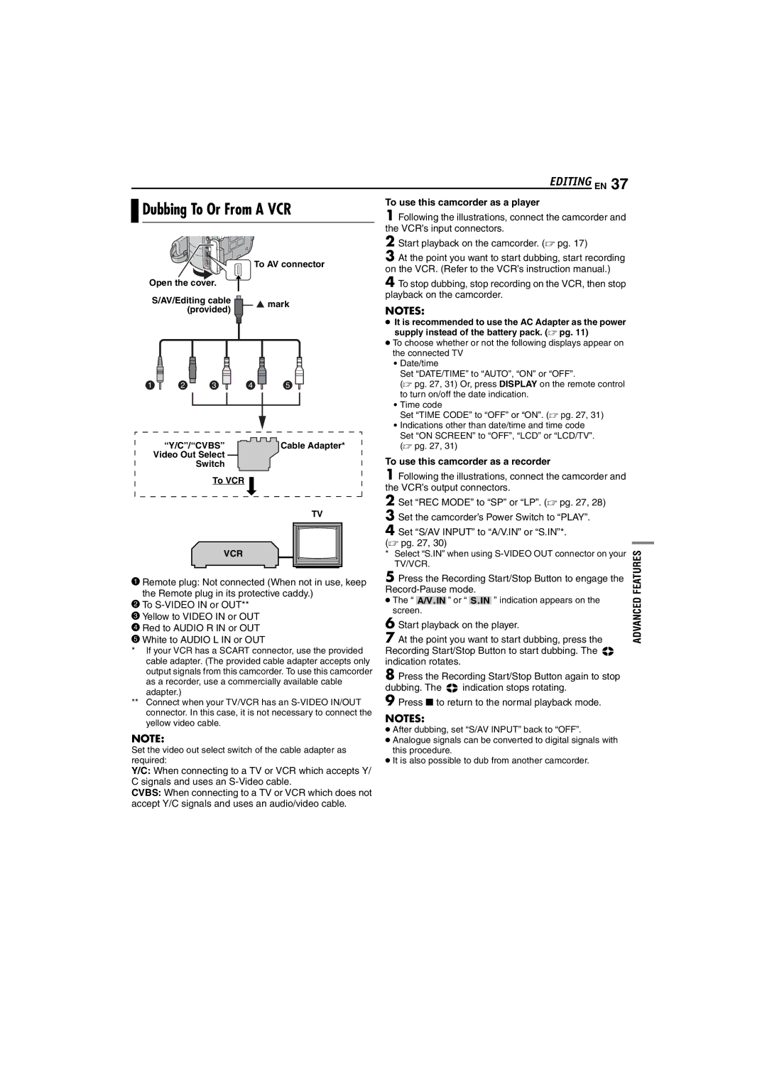 JVC GR-DX307 Dubbing To Or From a VCR, Editing EN, To use this camcorder as a player, To use this camcorder as a recorder 