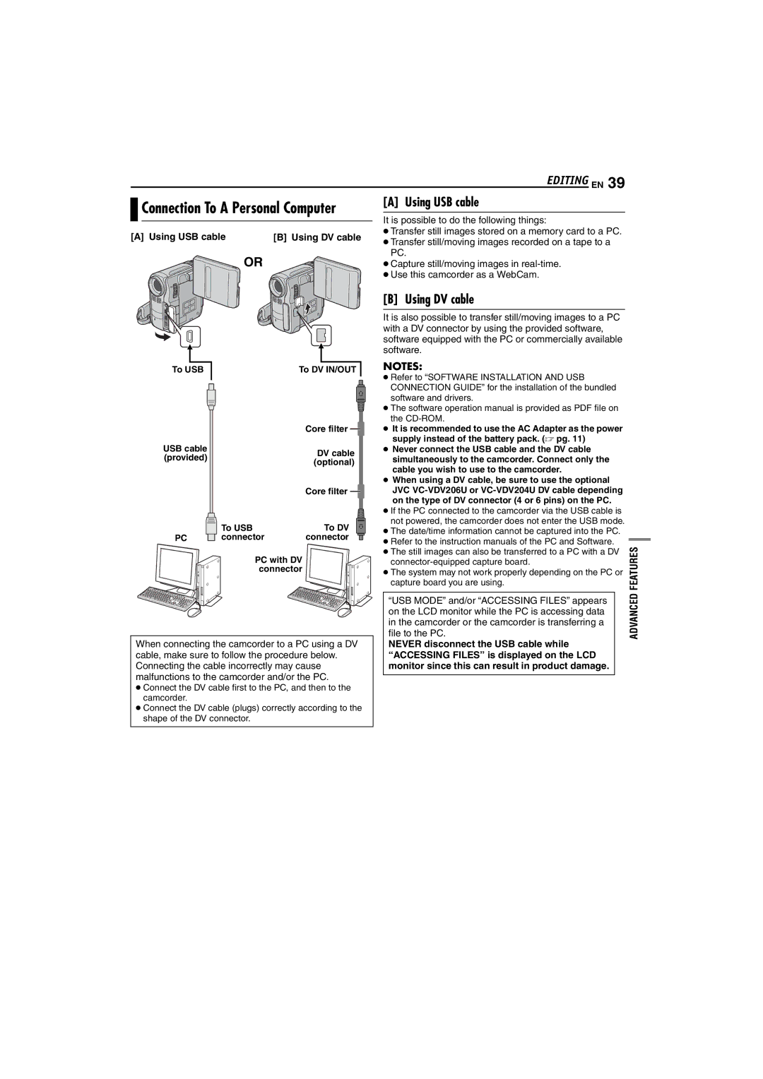 JVC GR-DX107, GR-DX307, GR-DX317 Connection To a Personal Computer Using USB cable, Using USB cable Using DV cable 