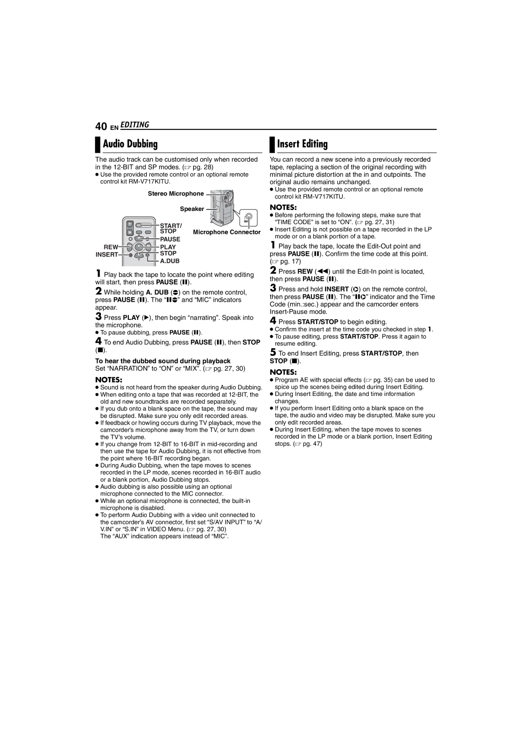 JVC GR-DX307, GR-DX107, GR-DX317 instruction manual Audio Dubbing, Insert Editing, Set Narration to on or MIX.  pg 