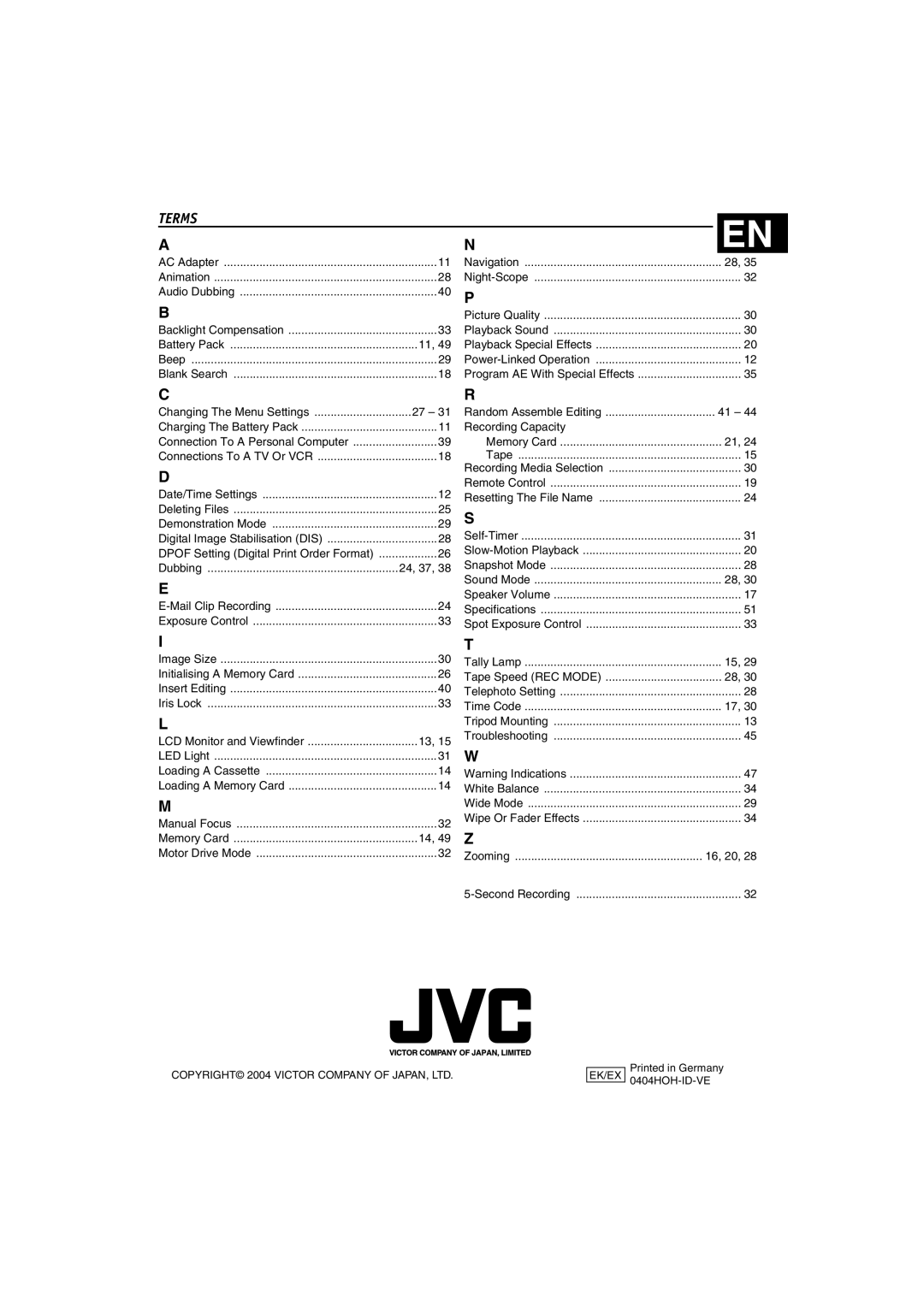 JVC GR-DX307, GR-DX107, GR-DX317 instruction manual Terms, Recording Capacity, 16, 20 