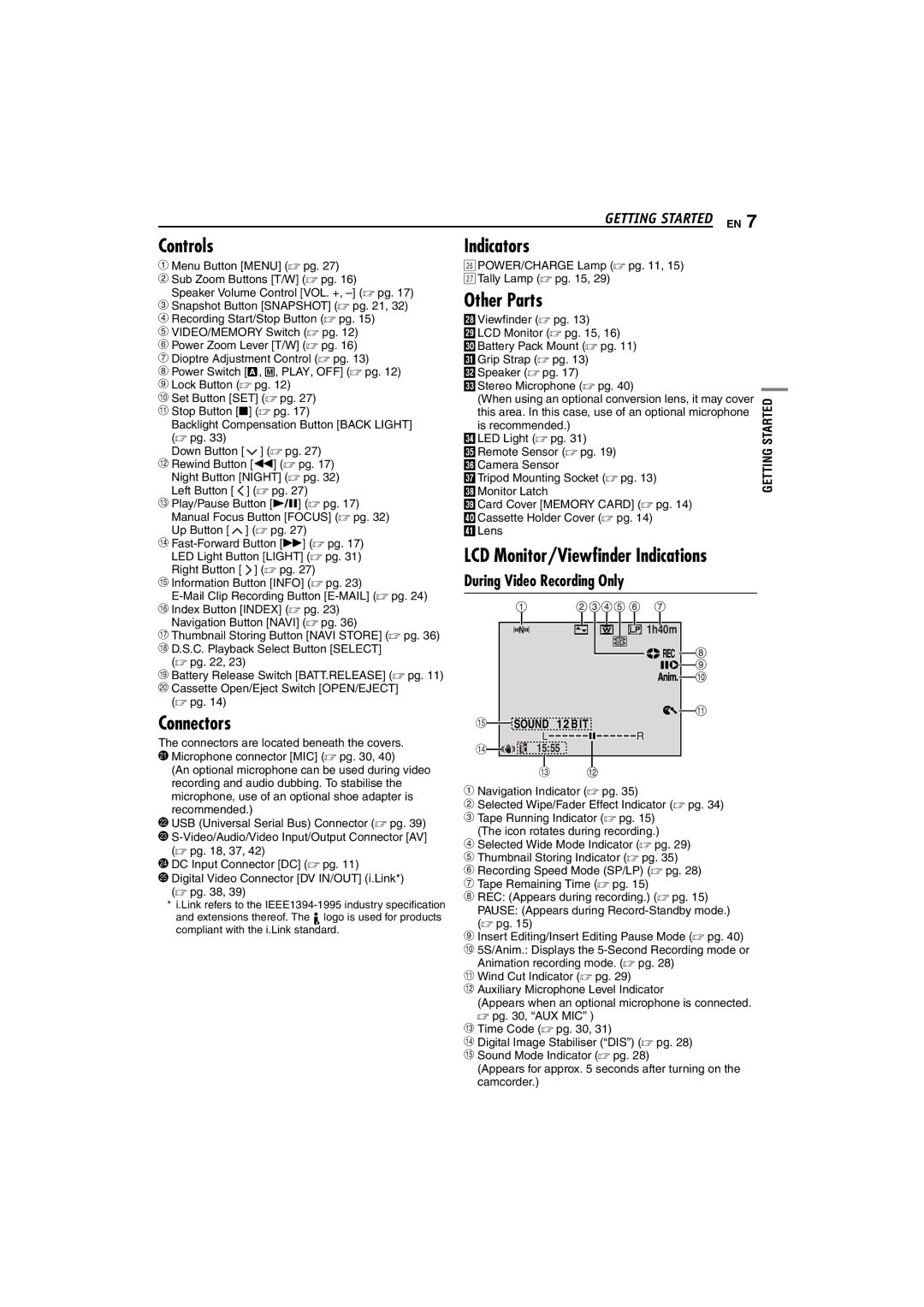 JVC GR-DX307, GR-DX107, GR-DX317 instruction manual Controls, Connectors, Indicators, Other Parts, Getting Started EN 