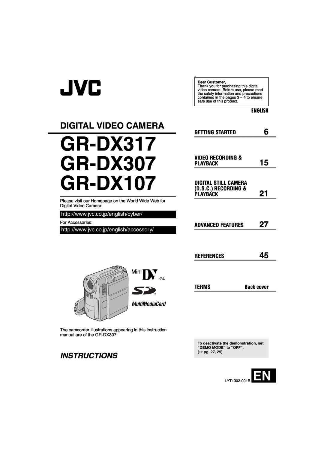 JVC GR-DX307 instruction manual English, Getting Started, VIDEO RECORDING PLAYBACK15 DIGITAL STILL CAMERA D.S.C. RECORDING 