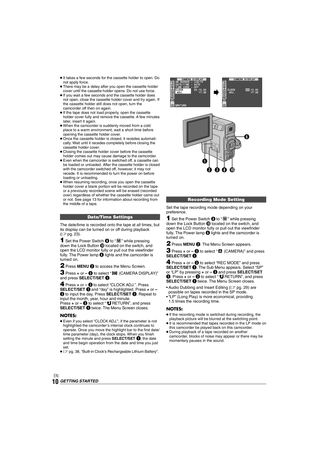 JVC GR-DX35 manual Date/Time Settings, Recording Mode Setting, Press + or 3 to select Camera and press SELECT/SET 