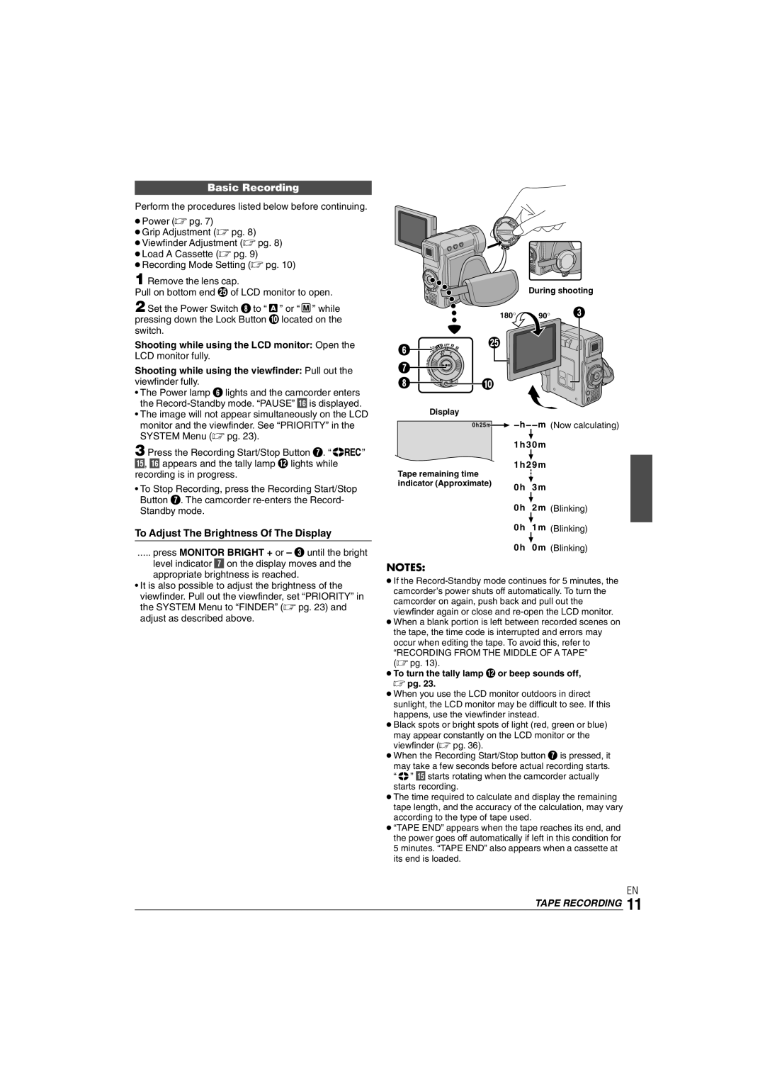 JVC GR-DX35 manual Basic Recording, To Adjust The Brightness Of The Display, Viewfinder fully, Tape Recording 